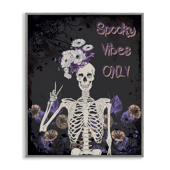 Spooky Vibes Only Skeleton Gray Framed Giclee Art, 11 x 14, Made In USA