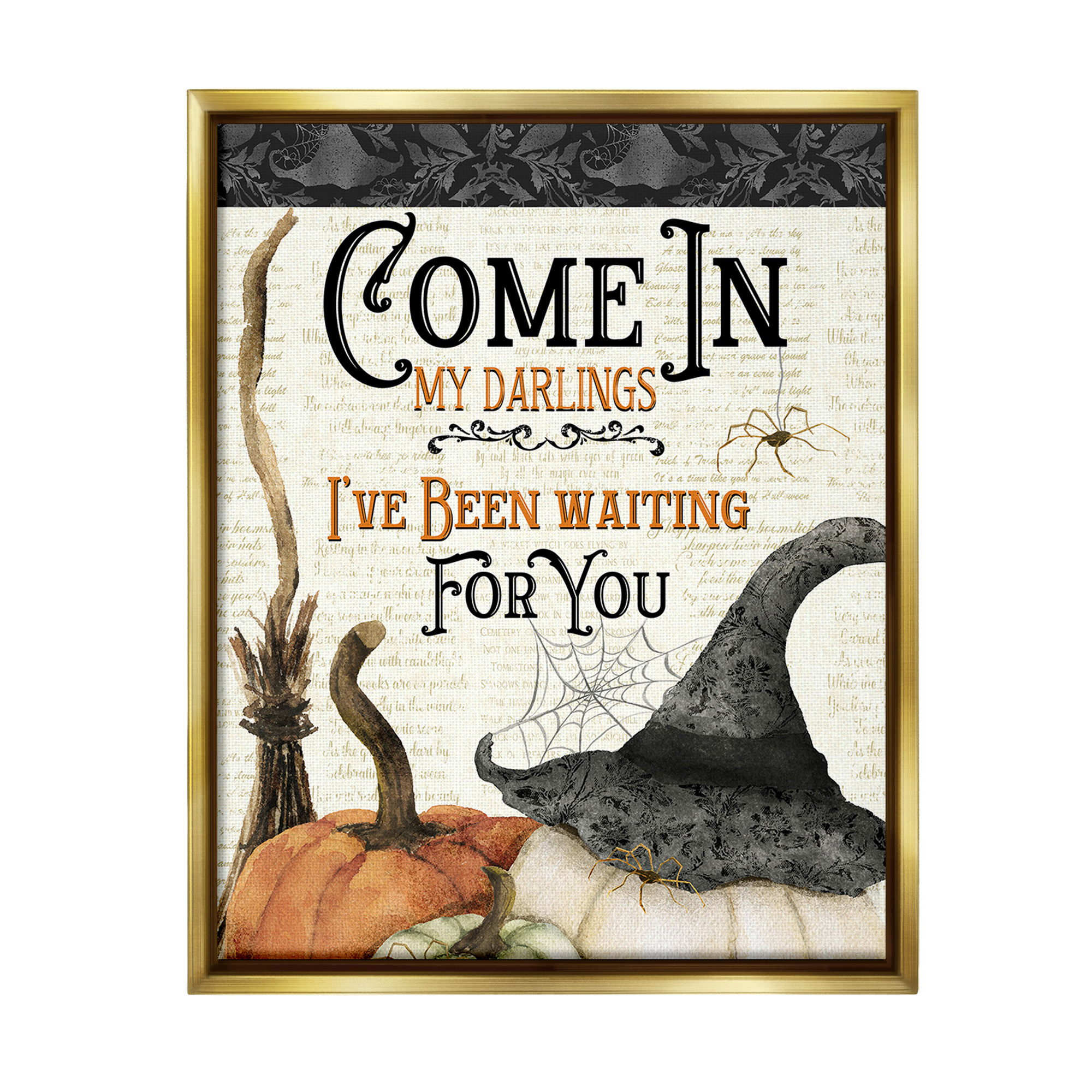 Stupell Industries Spooky Witch Phrase Holiday Painting Gold Floater Framed Canvas Art Print Wall Art, 25 x 31