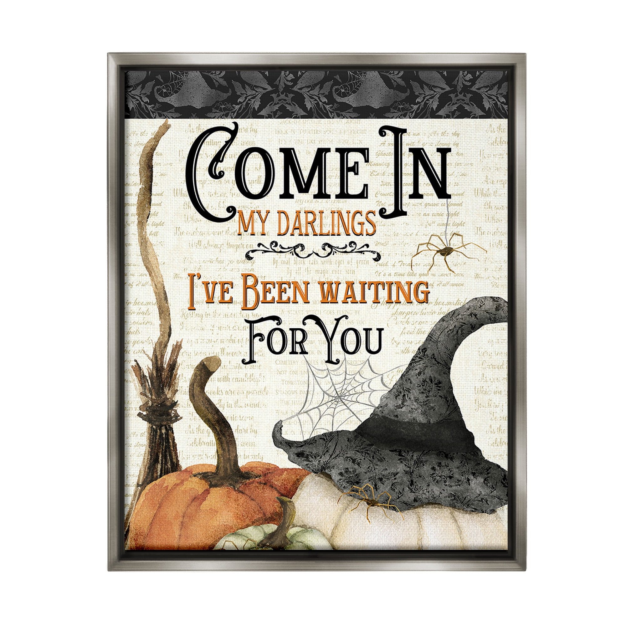 Stupell Industries Spooky Witch Phrase Holiday Painting Gray Floater Framed Canvas Art Print Wall Art, 25 x 31