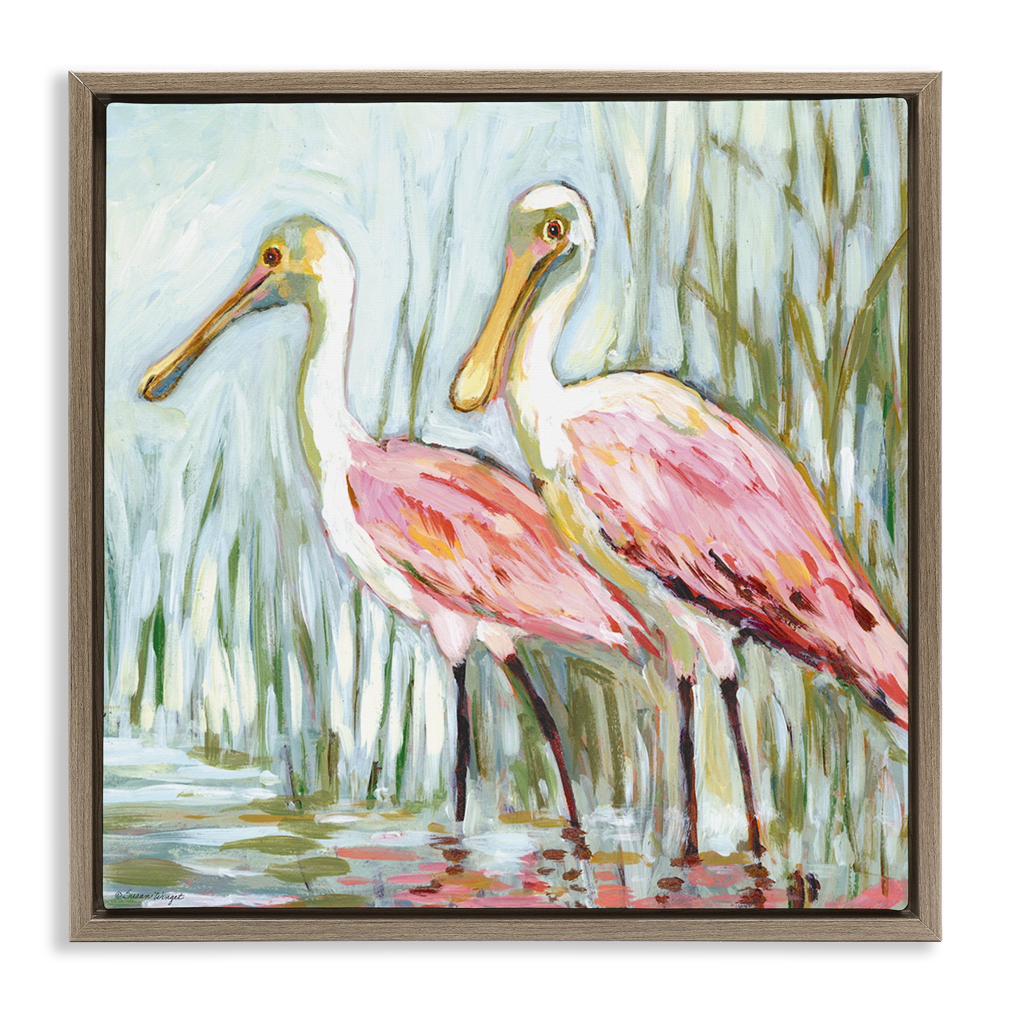 Stupell Industries Spoonbill Birds Pair Animals Painting Brown Floater Framed Canvas Art Print Wall Art, 18 x 18