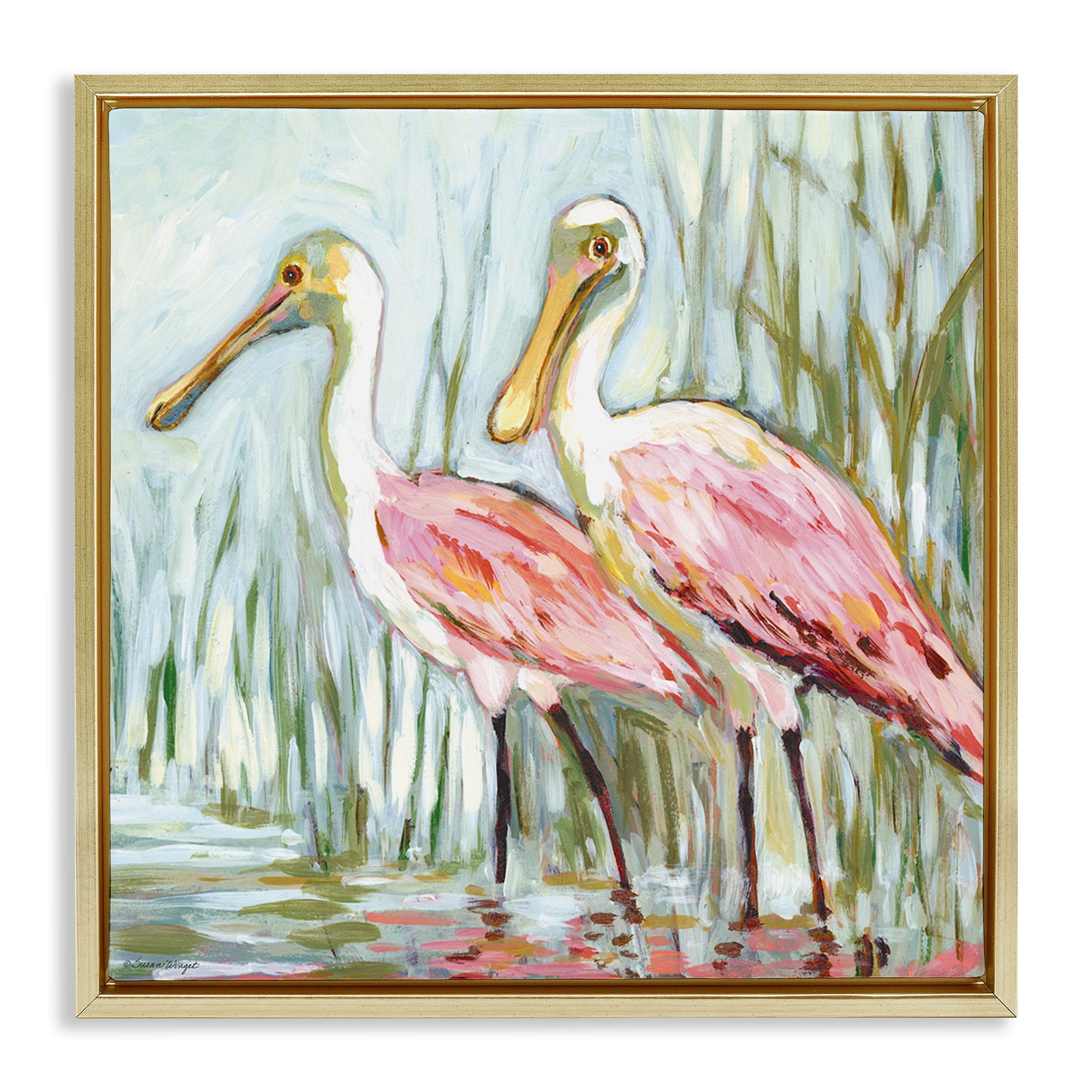 Stupell Industries Spoonbill Birds Pair Animals Painting Gold Floater Framed Canvas Art Print Wall Art, 18 x 18