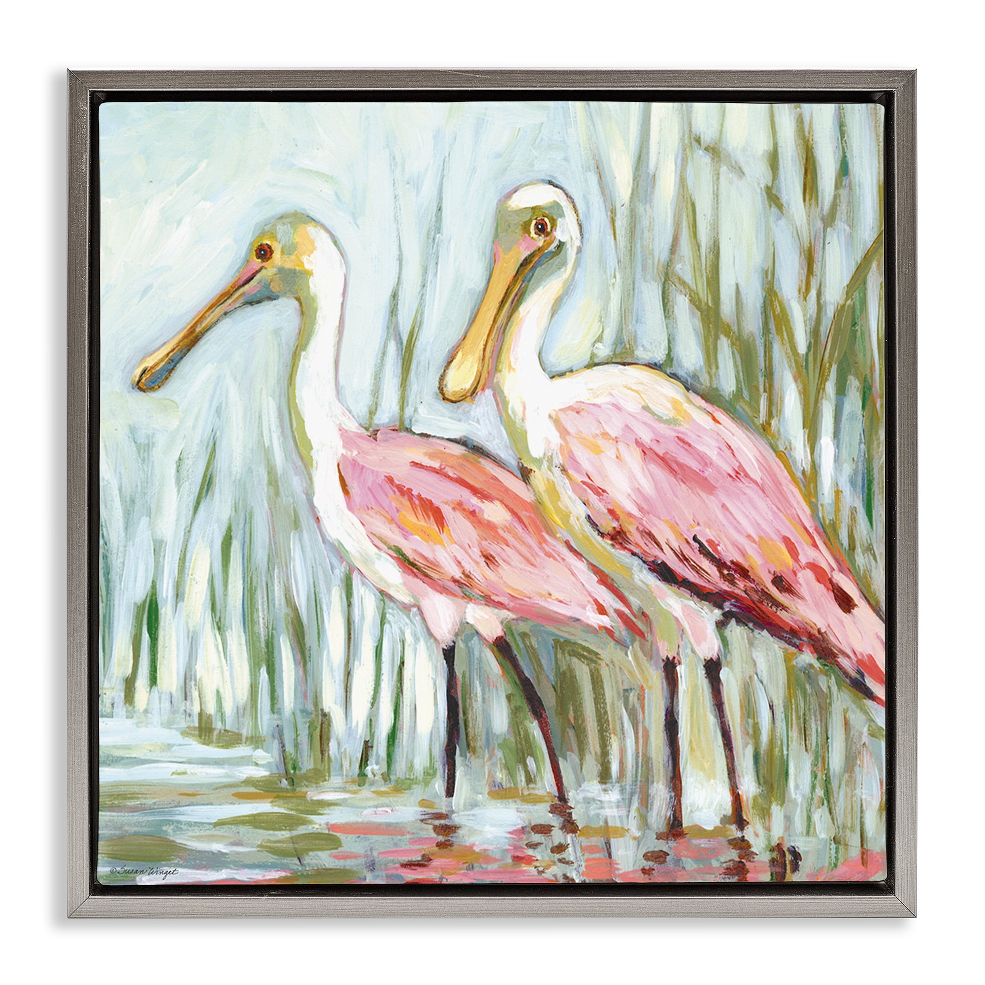 Stupell Industries Spoonbill Birds Pair Animals Painting Gray Floater Framed Canvas Art Print Wall Art, 18 x 18