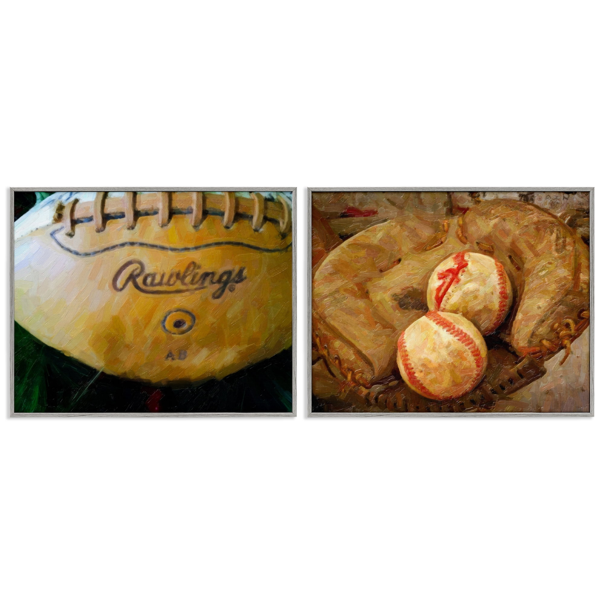 Stupell Industries Sports Balls & Mitt Sports Painting Gray Framed Art Print Wall Art, 20 x 16, Set of 2
