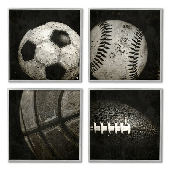 Stupell Industries Sports Balls Photography Sports Photography Gray Framed Art Print Wall Art, 12 x 12, Set of 4