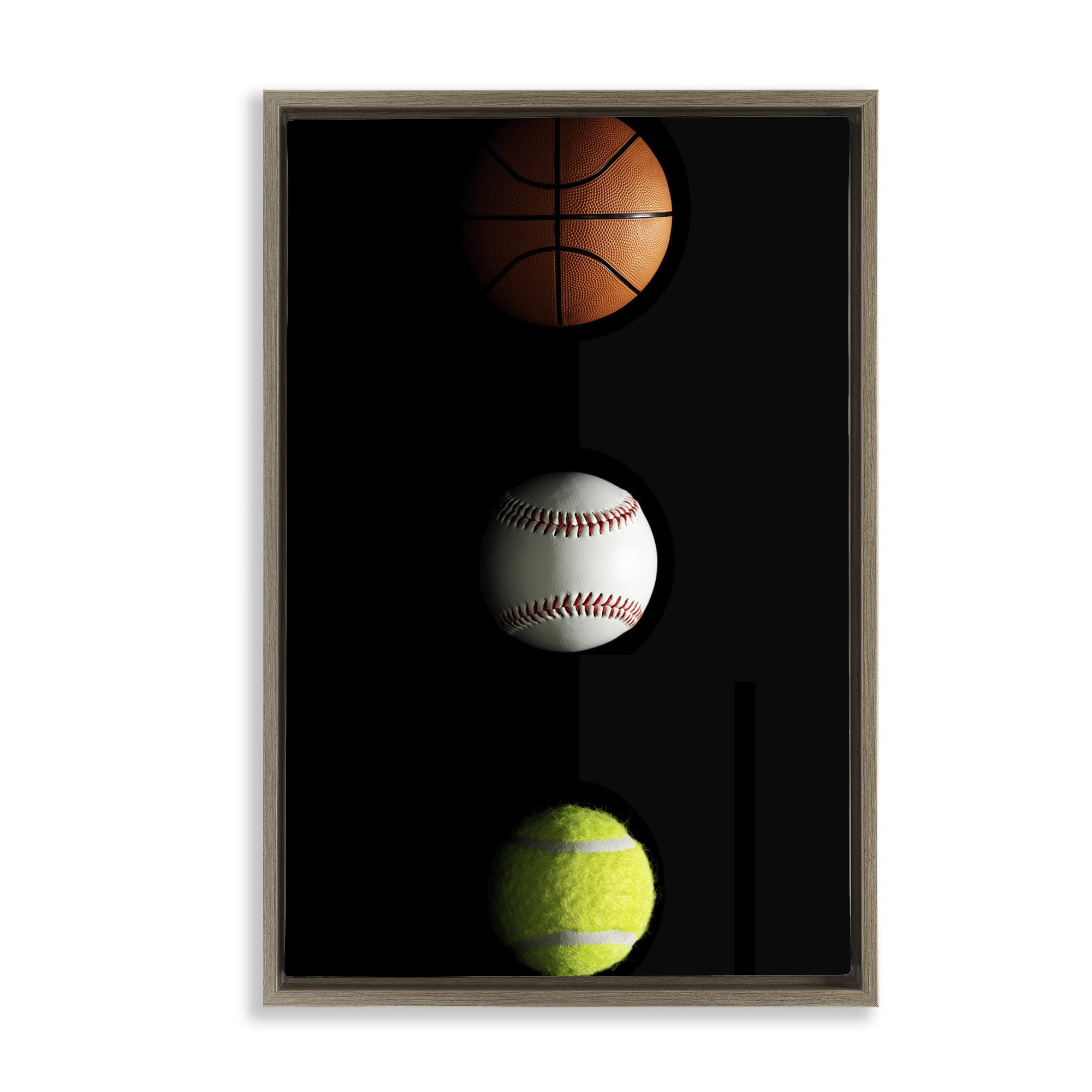 Stupell Industries Sports Balls Spotlight Brown Framed Floater Canvas Wall Art, design by Jesse Keith