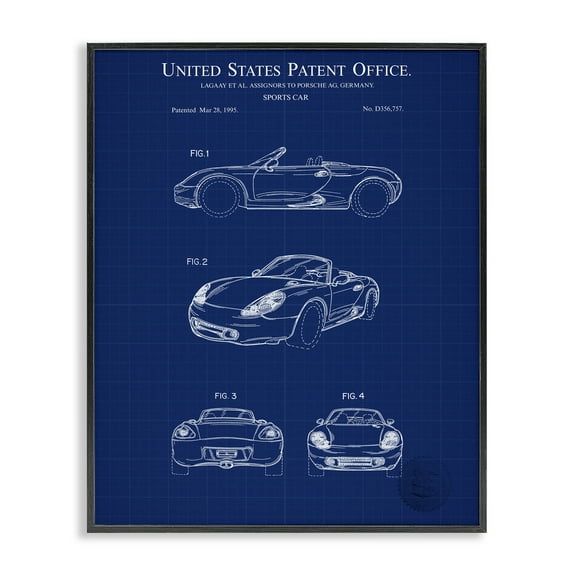 Stupell Industries Sports Car Blueprint Transportation Painting Black Framed Art Print Wall Art, 11 x 14