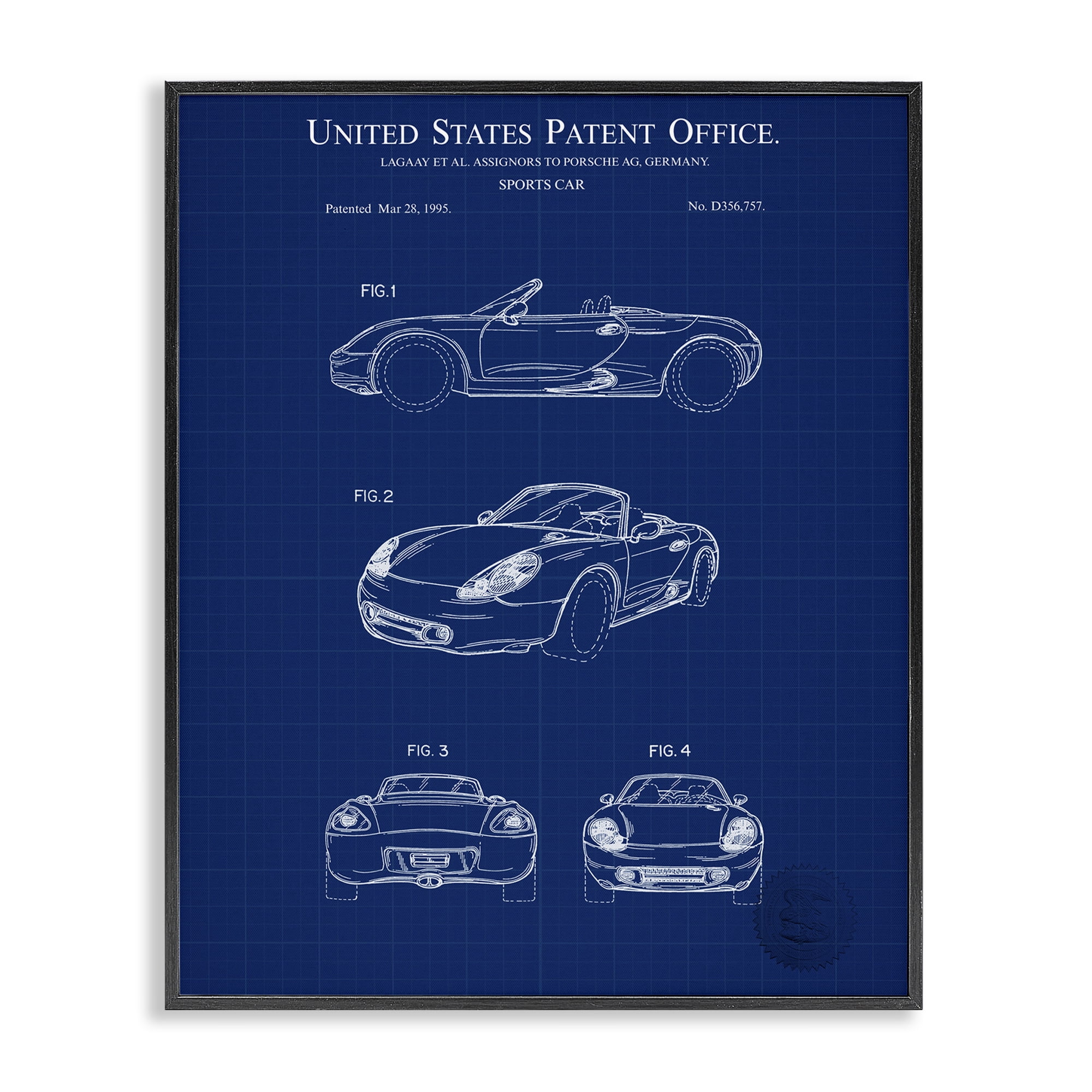 Stupell Industries Sports Car Blueprint Transportation Painting Black Framed Art Print Wall Art, 24 x 30