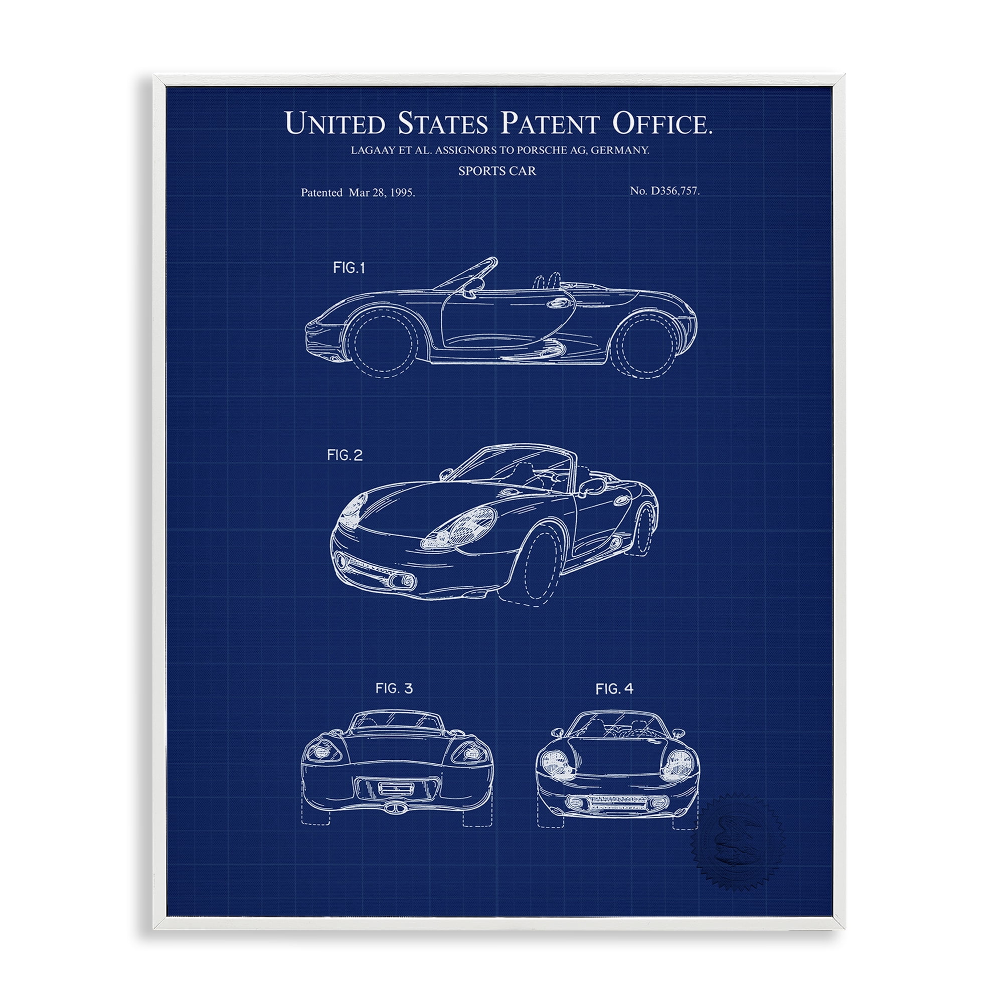Stupell Industries Sports Car Blueprint Transportation Painting White Framed Art Print Wall Art, 16 x 20