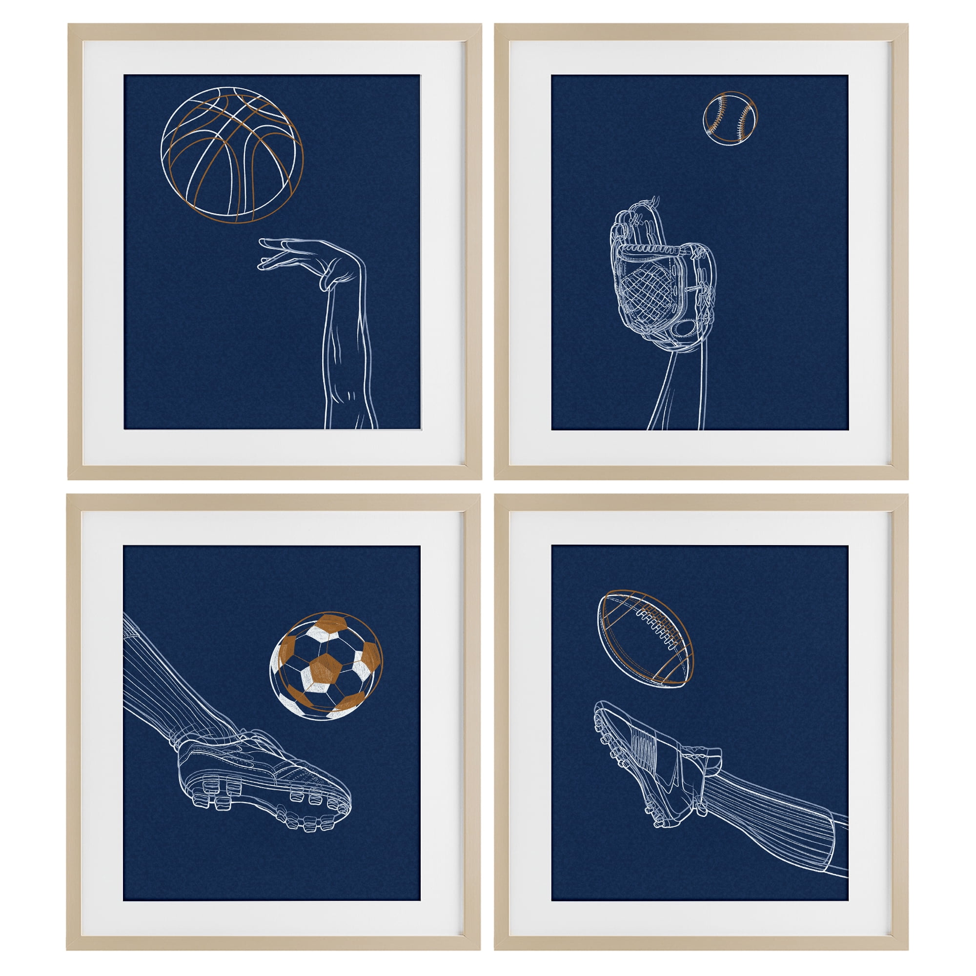 Stupell Industries Sports In Action Contour 4 Piece Birch Framed Print Under Glass Set, design by Marcus Prime