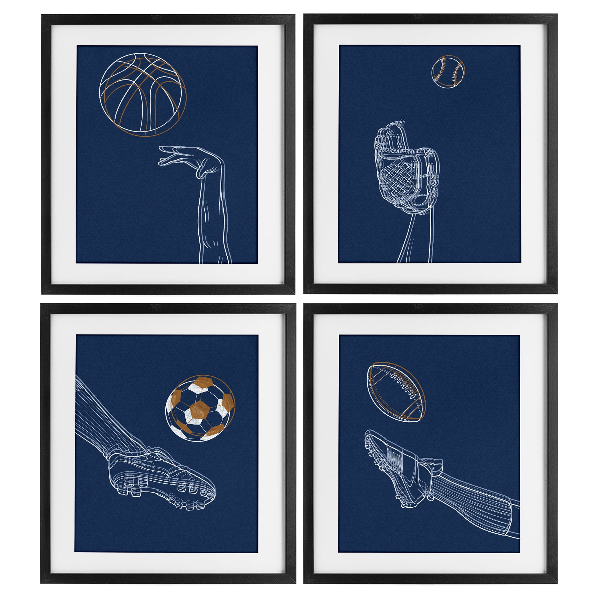 Stupell Industries Sports In Action Contour 4 Piece Black Framed Print Under Glass Set, design by Marcus Prime
