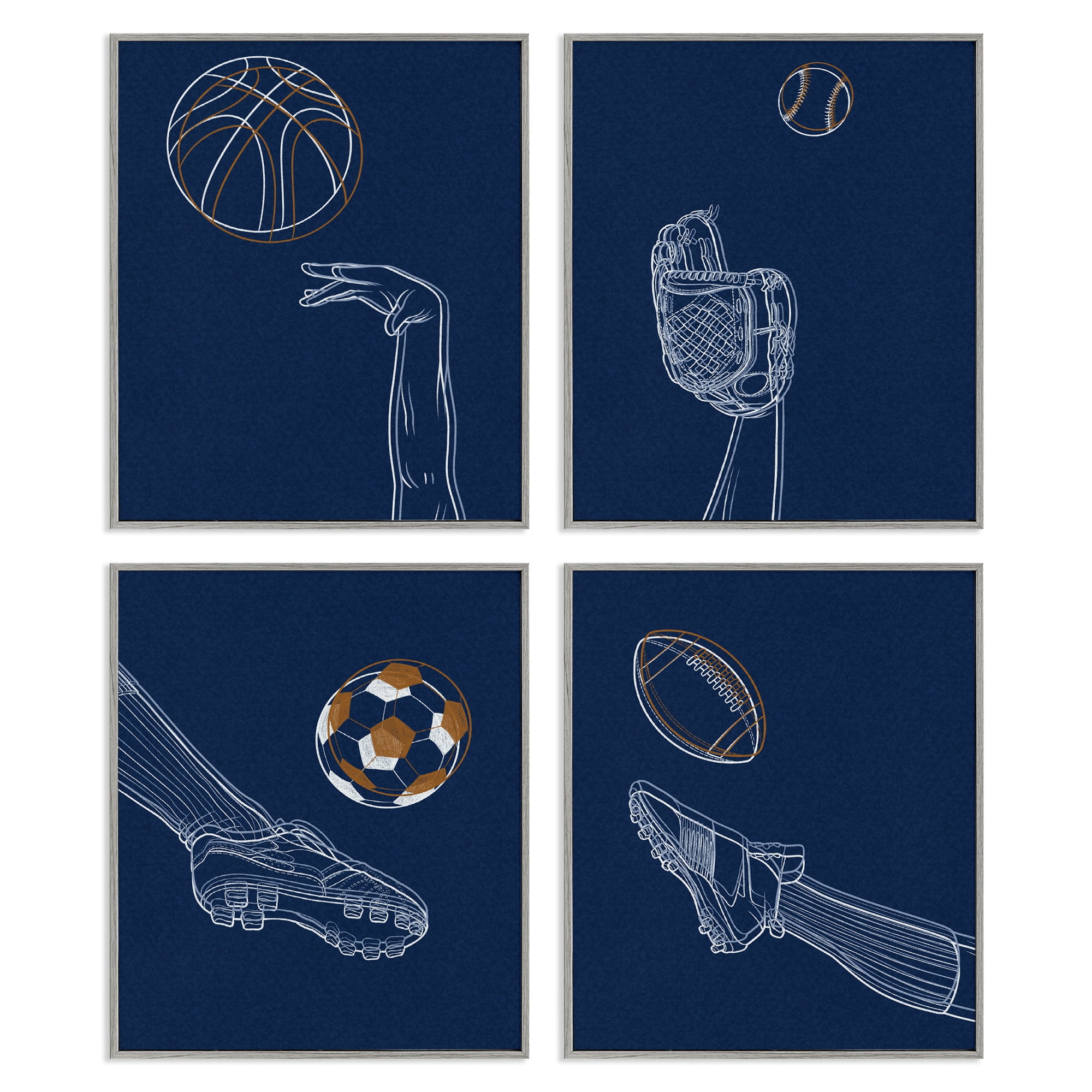 Stupell Industries Sports In Action Contour 4 Piece Gray Framed Giclee Art Set, design by Marcus Prime