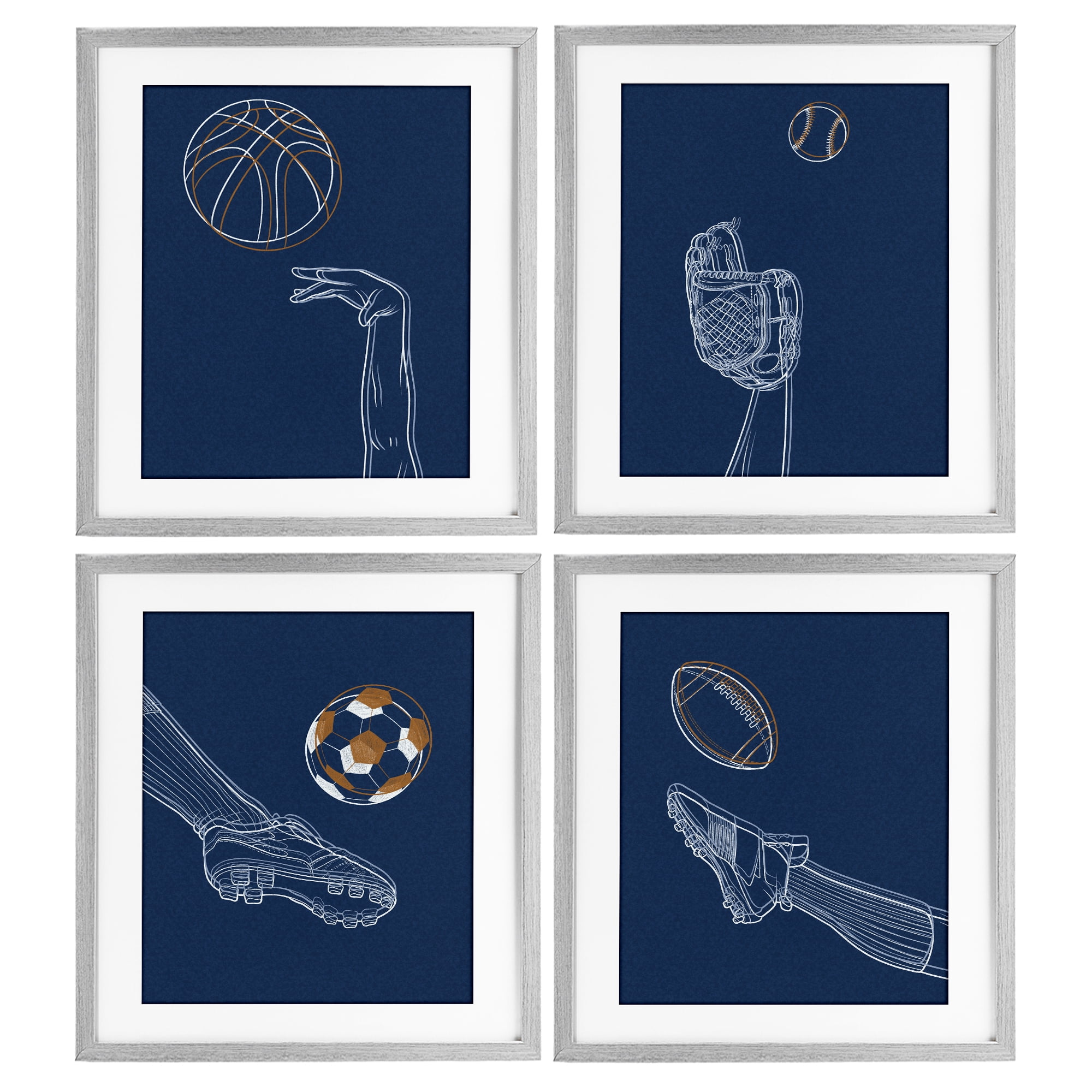 Stupell Industries Sports In Action Contour 4 Piece Gray Framed Print Under Glass Set, design by Marcus Prime