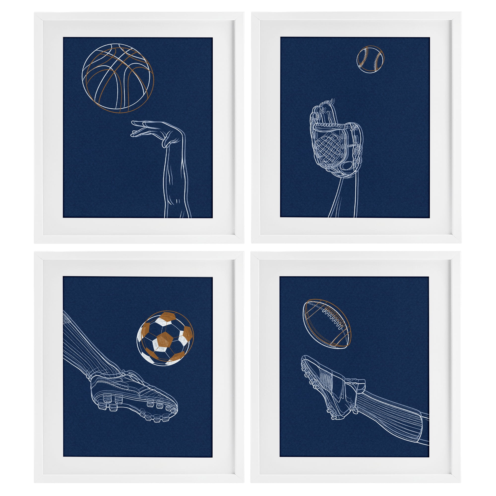 Stupell Industries Sports In Action Contour 4 Piece White Framed Print Under Glass Set, design by Marcus Prime
