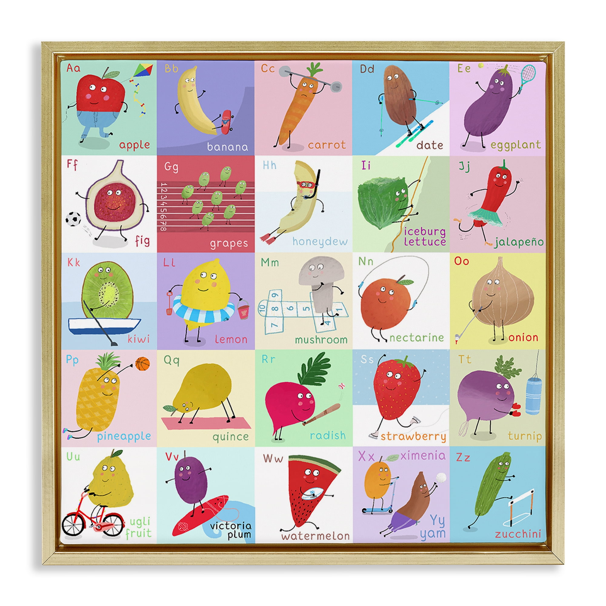 Stupell Industries Sporty Fruit Educational Gold Framed Floater Canvas Wall Art, design by Carla Daly