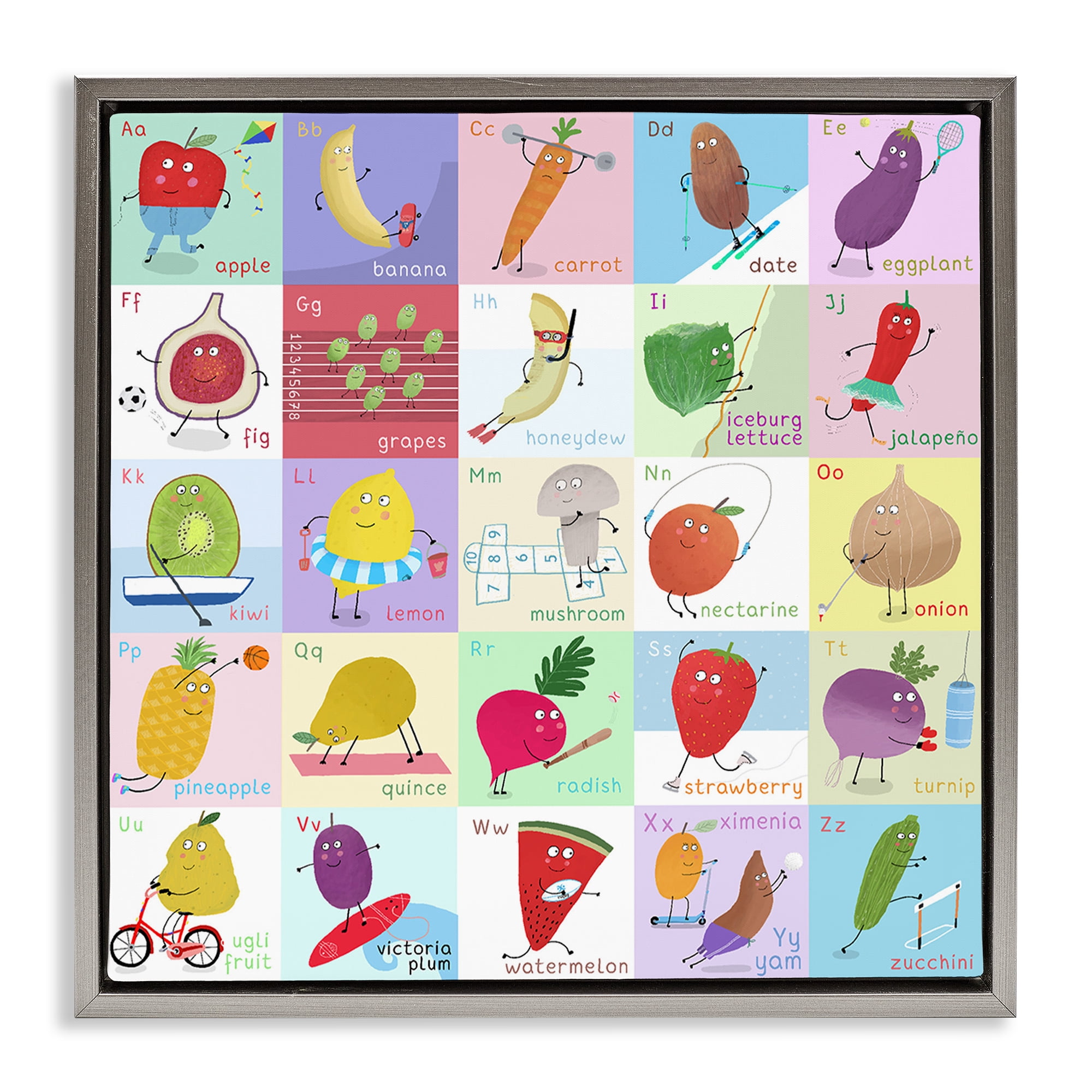 Stupell Industries Sporty Fruit Educational Gray Framed Floater Canvas Wall Art, design by Carla Daly
