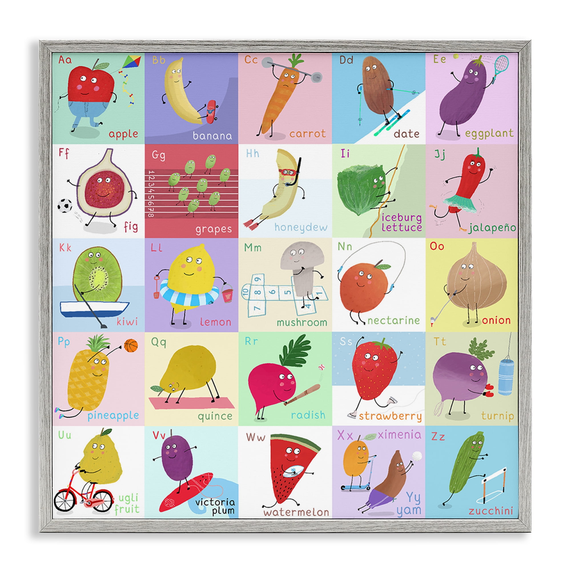 Stupell Industries Sporty Fruit Educational Gray Framed Giclee Art, design by Carla Daly