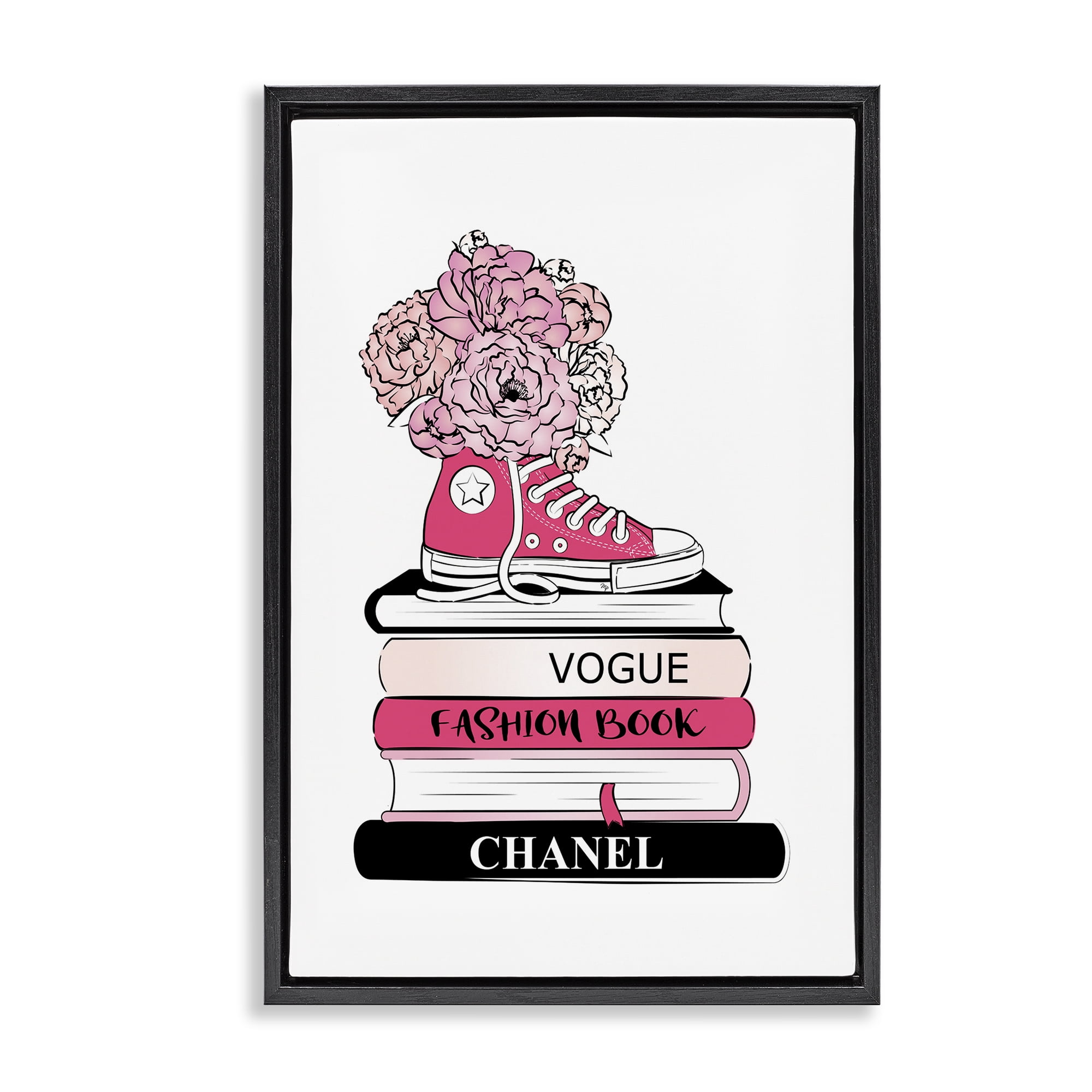 Stupell Industries Sporty Sneaker Bookstack Beauty & Fashion Painting Black Floater Framed Art Print Wall Art, 17 x 25