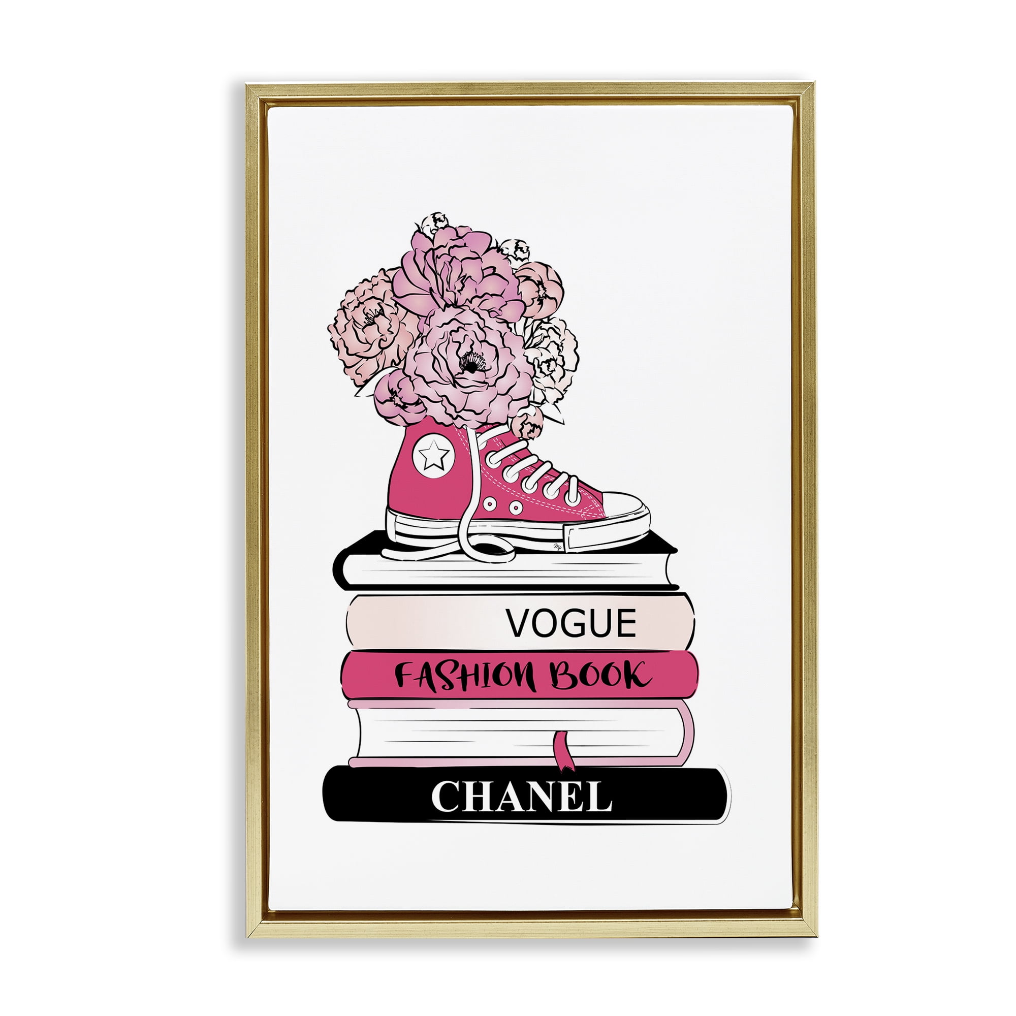 Stupell Industries Sporty Sneaker Bookstack Beauty & Fashion Painting Gold Floater Framed Art Print Wall Art, 17 x 25