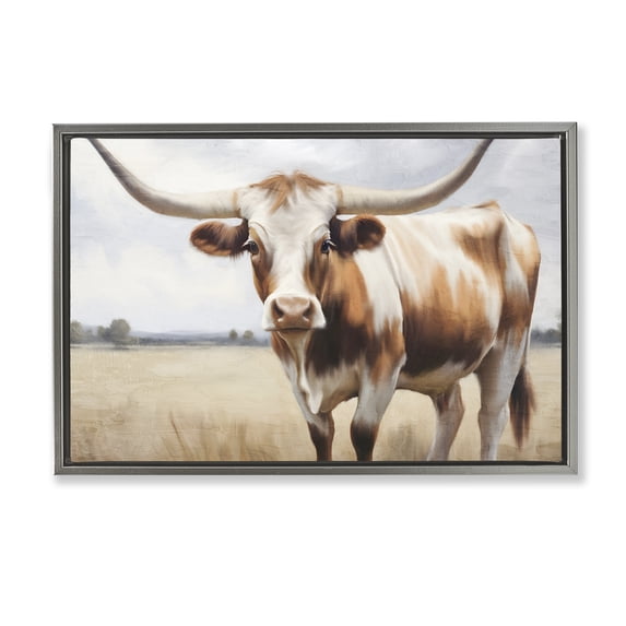 Stupell Industries Spotted Brown Longhorn Animals Painting Gray Floater Framed Canvas Art Print Wall Art, 25 x 17