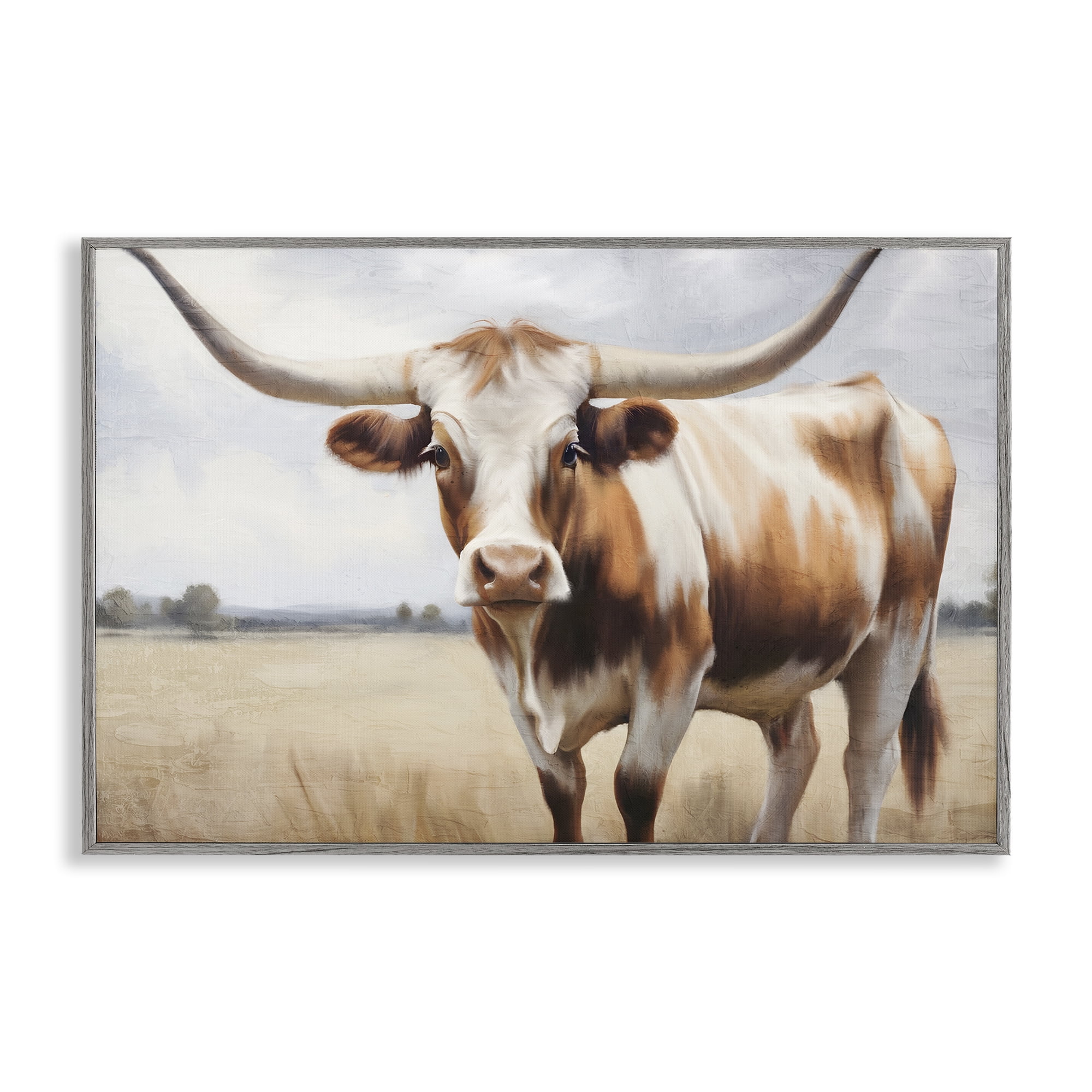 Stupell Industries Spotted Brown Longhorn Animals Painting Gray Framed Art Print Wall Art, 18 x 12