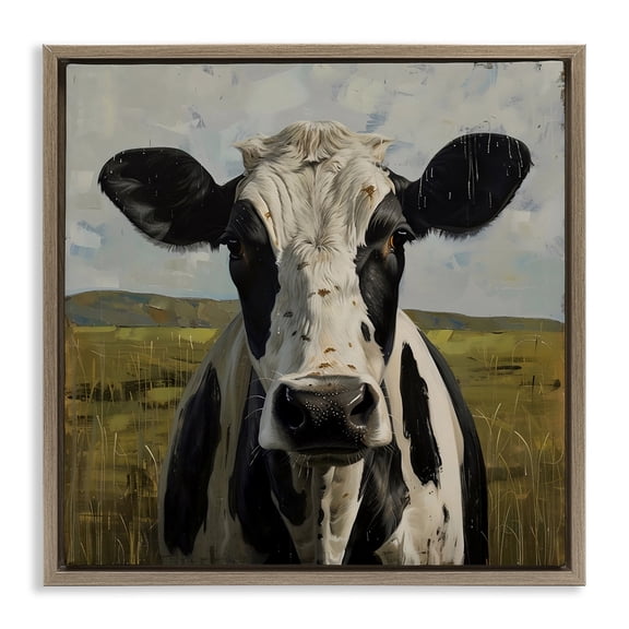 Stupell Industries Spotted Cow in Pasture Brown Framed Floater Canvas Wall Art design by LSR Creative Studio, 25 x 25