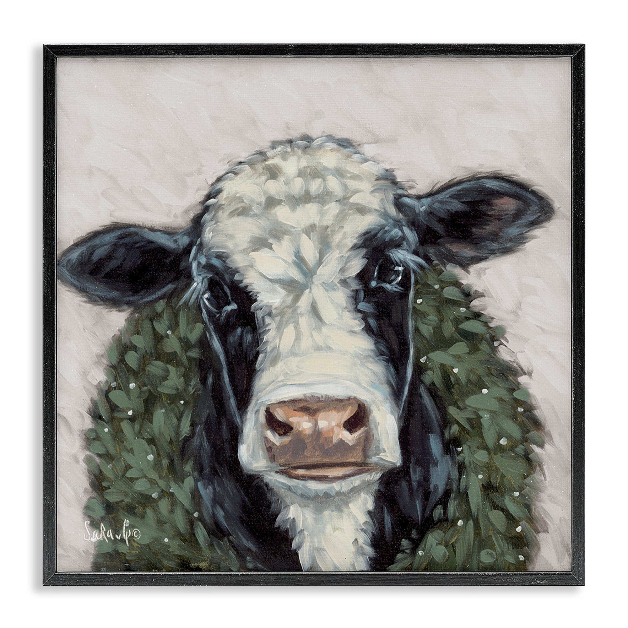 Stupell Industries Spotted Cow with Wreath Holiday Painting Black Framed Art Prints Wall Art, 12 x 12