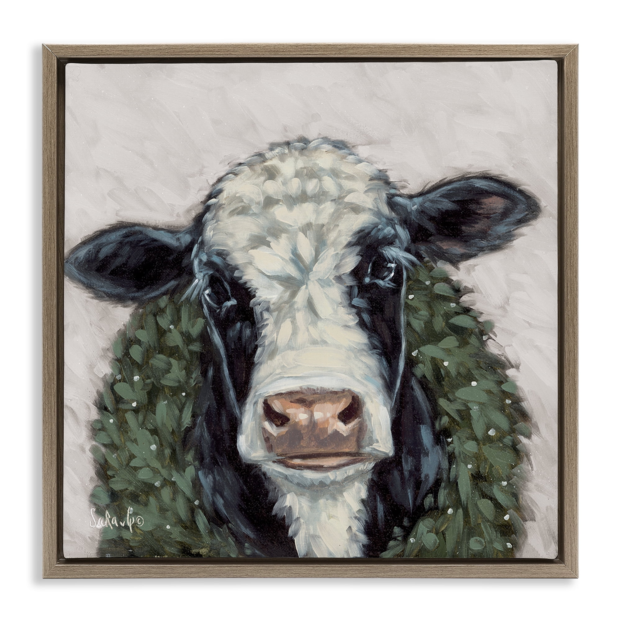 Stupell Industries Spotted Cow with Wreath Holiday Painting Brown Floater Framed Canvas Art Prints Wall Art, 25 x 25