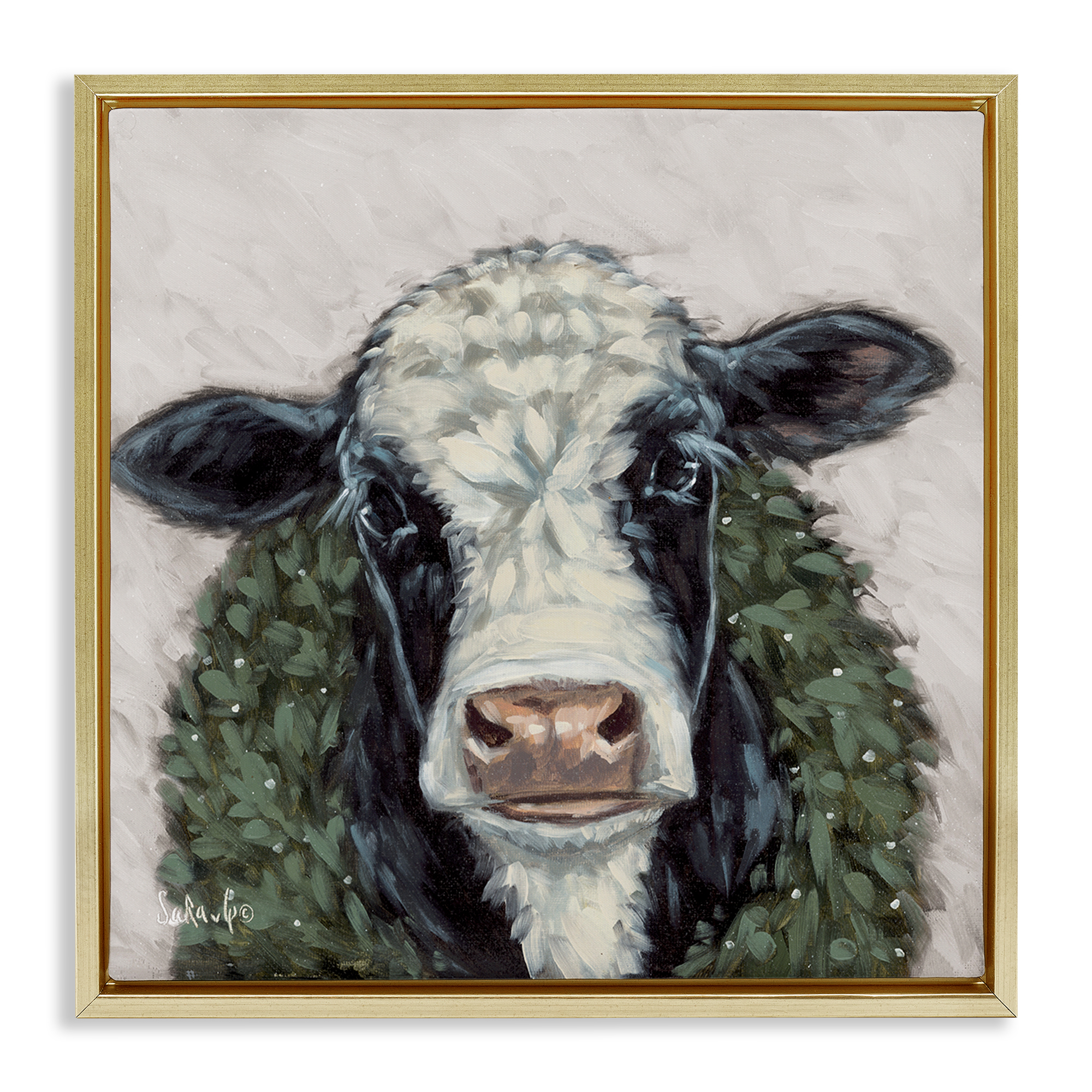 Stupell Industries Spotted Cow with Wreath Holiday Painting Gold Floater Framed Canvas Art Prints Wall Art, 25 x 25