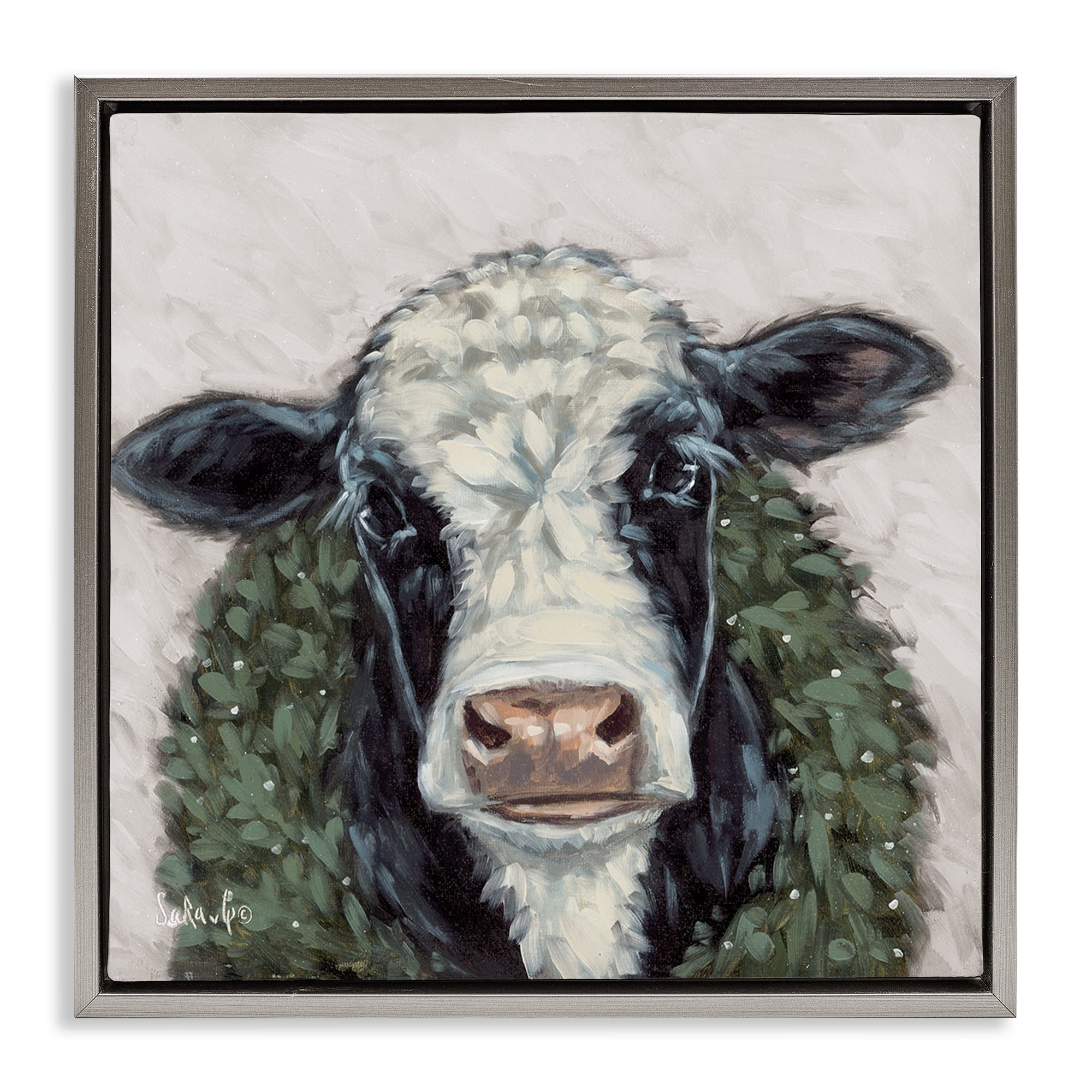 Stupell Industries Spotted Cow with Wreath Holiday Painting Gray Floater Framed Canvas Art Prints Wall Art, 18 x 18