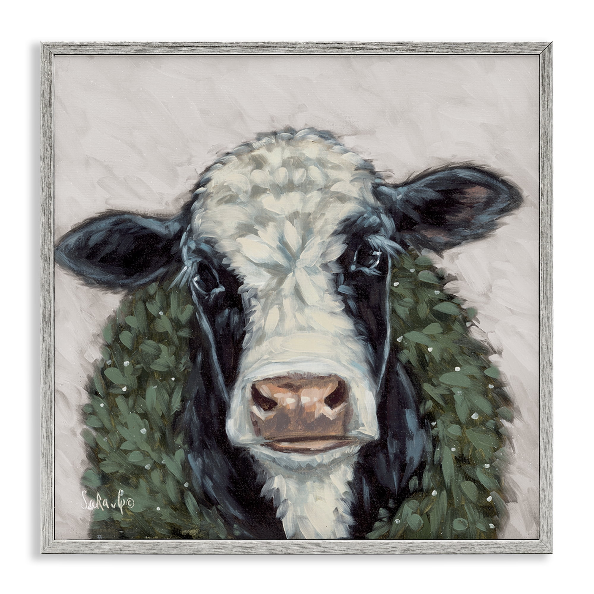 Stupell Industries Spotted Cow with Wreath Holiday Painting Gray Framed Art Prints Wall Art, 12 x 12