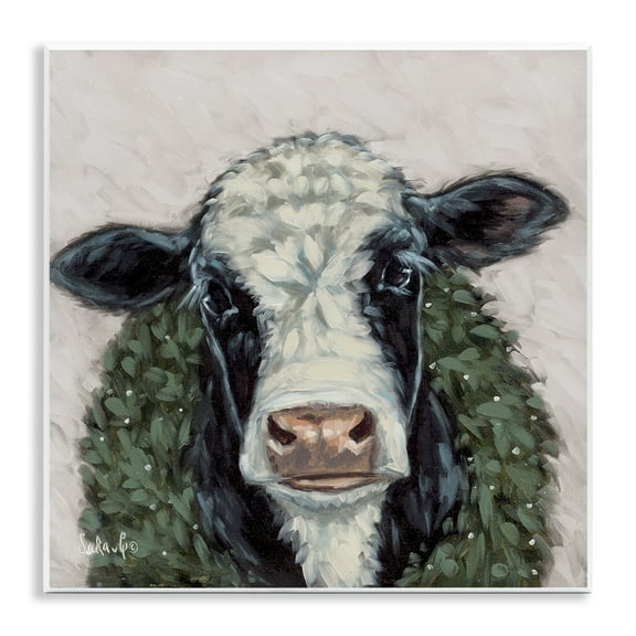Stupell Industries Spotted Cow with Wreath Holiday Painting Unframed Art Prints Wall Art, 12 x 12