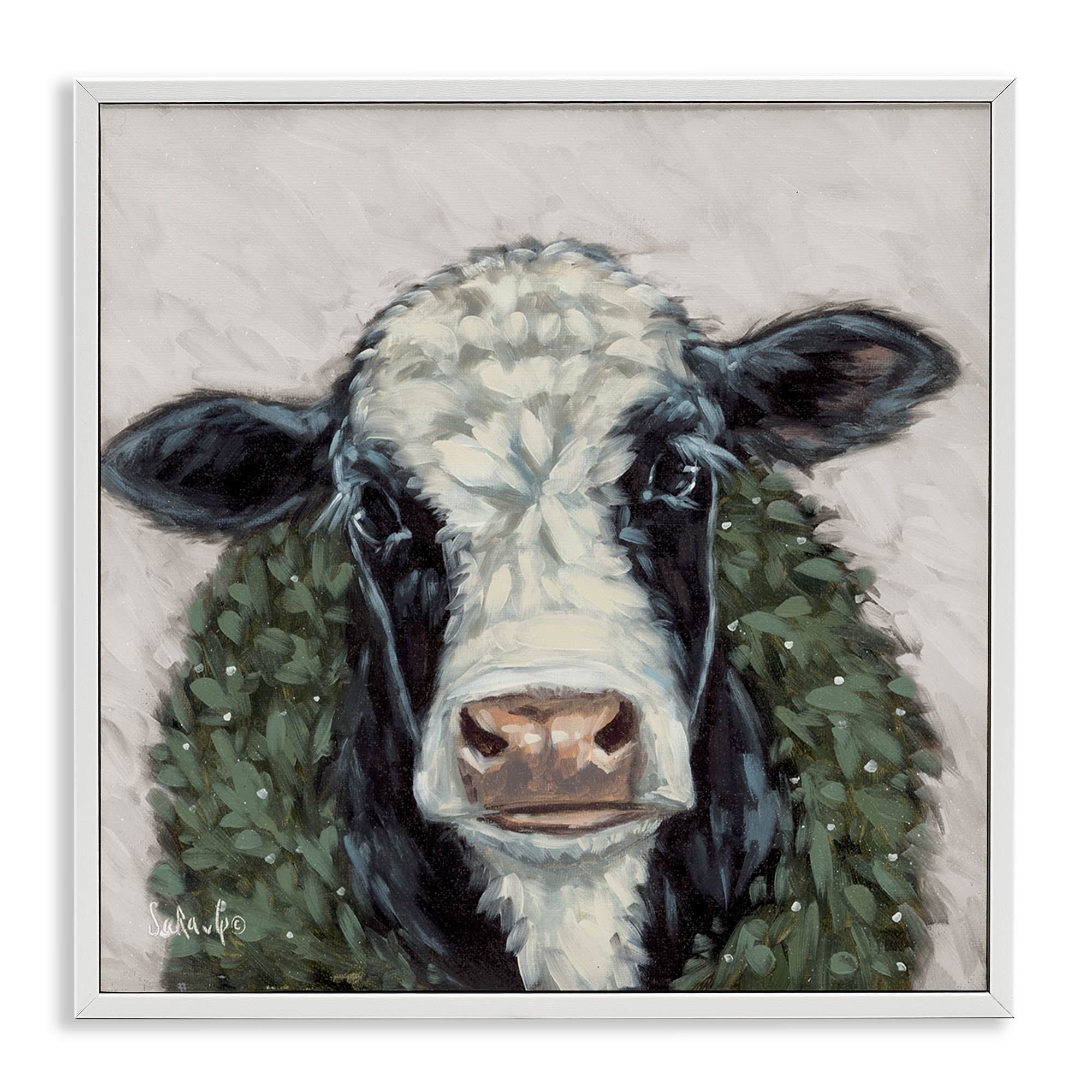 Stupell Industries Spotted Cow with Wreath Holiday Painting White Framed Art Prints Wall Art, 17 x 17