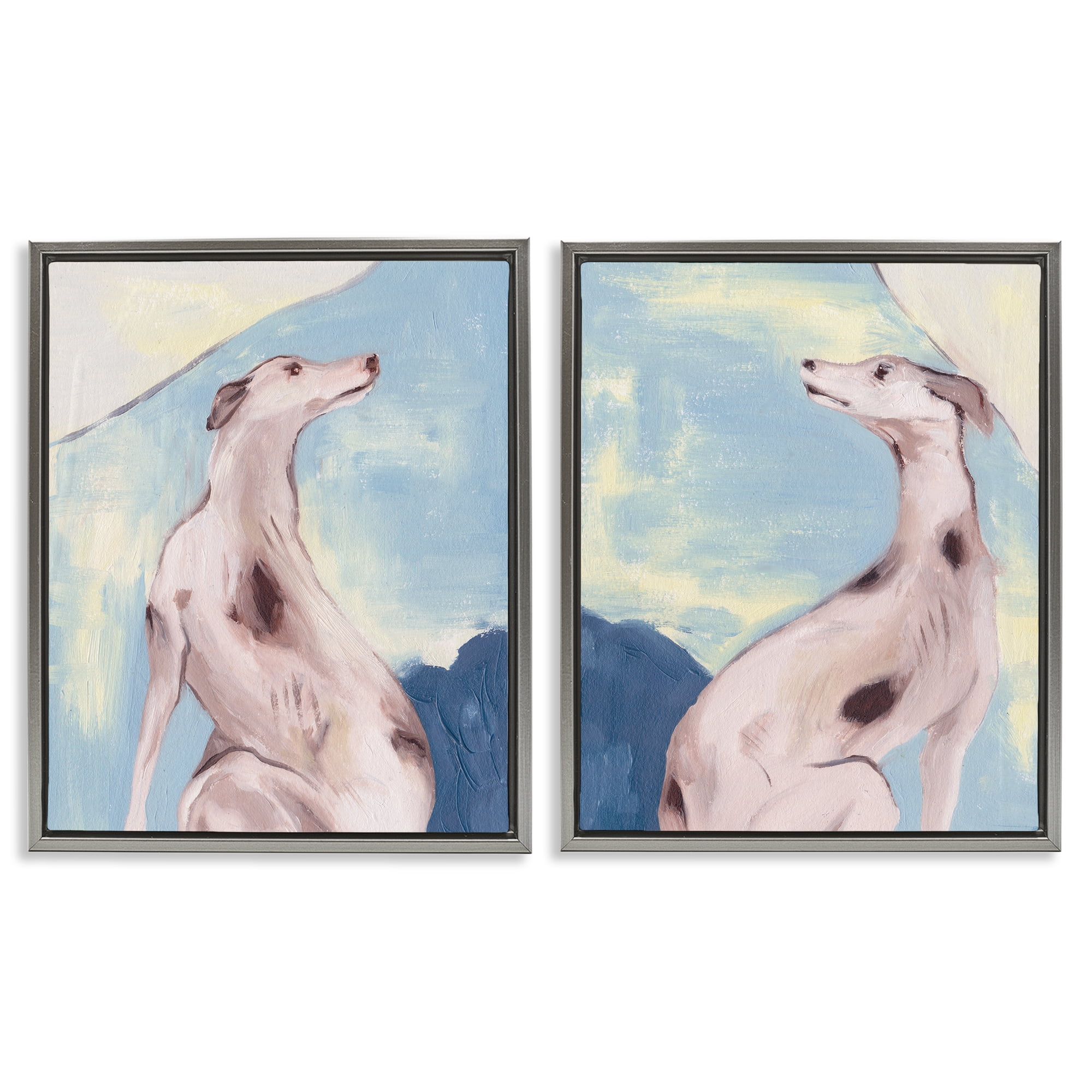 Stupell Industries Spotted Greyhound Dogs Animals Painting Gray Floater Framed Canvas Art Print Wall Art, 17 x 21, Set of 2