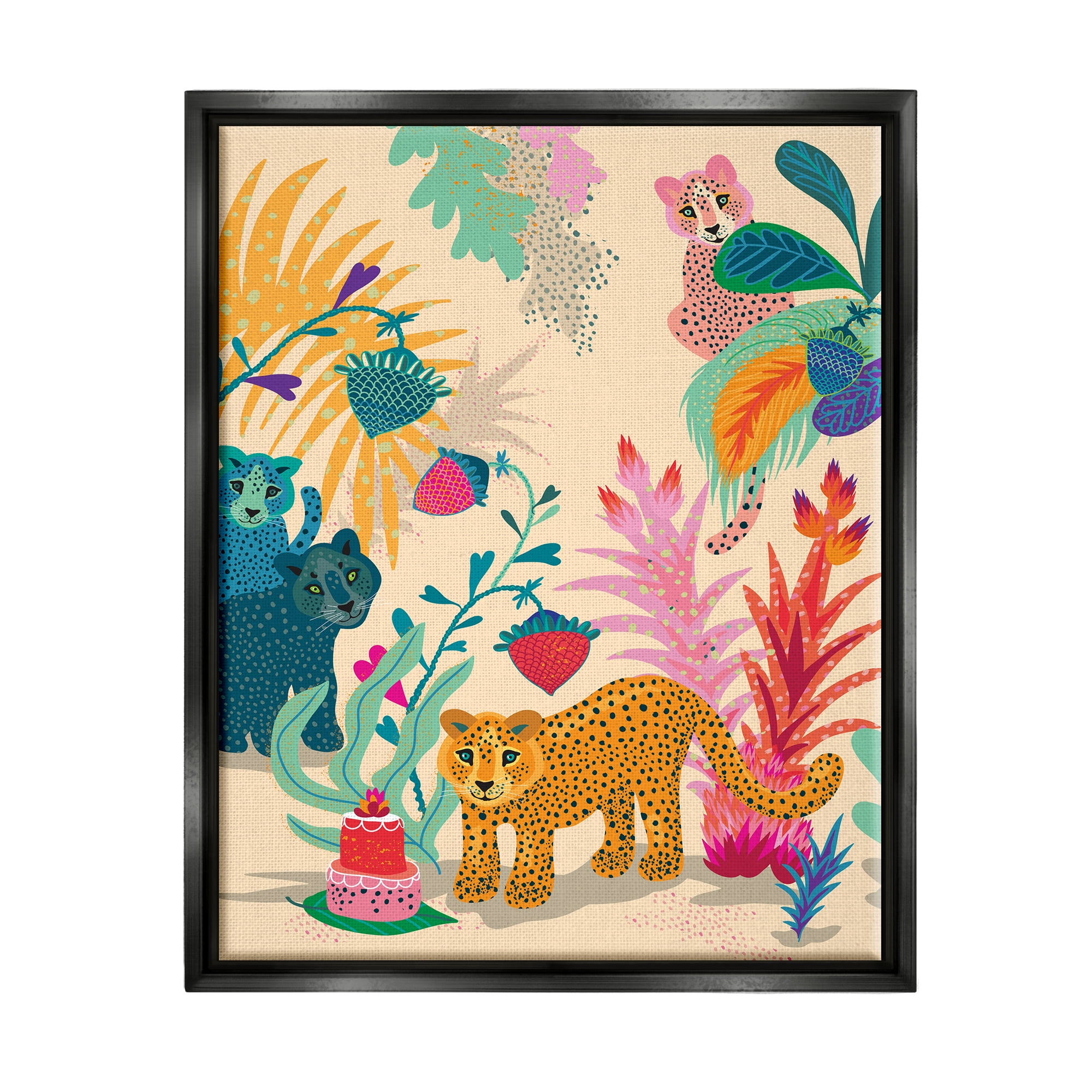 Stupell Industries Spotted Leopards with Cake Animals & Insects Painting Black Floater Framed Canvas Art Print Wall Art, 25 x 31