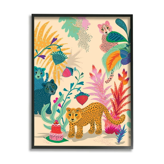 Stupell Industries Spotted Leopards with Cake Animals & Insects Painting Black Framed Art Print Wall Art, 11 x 14