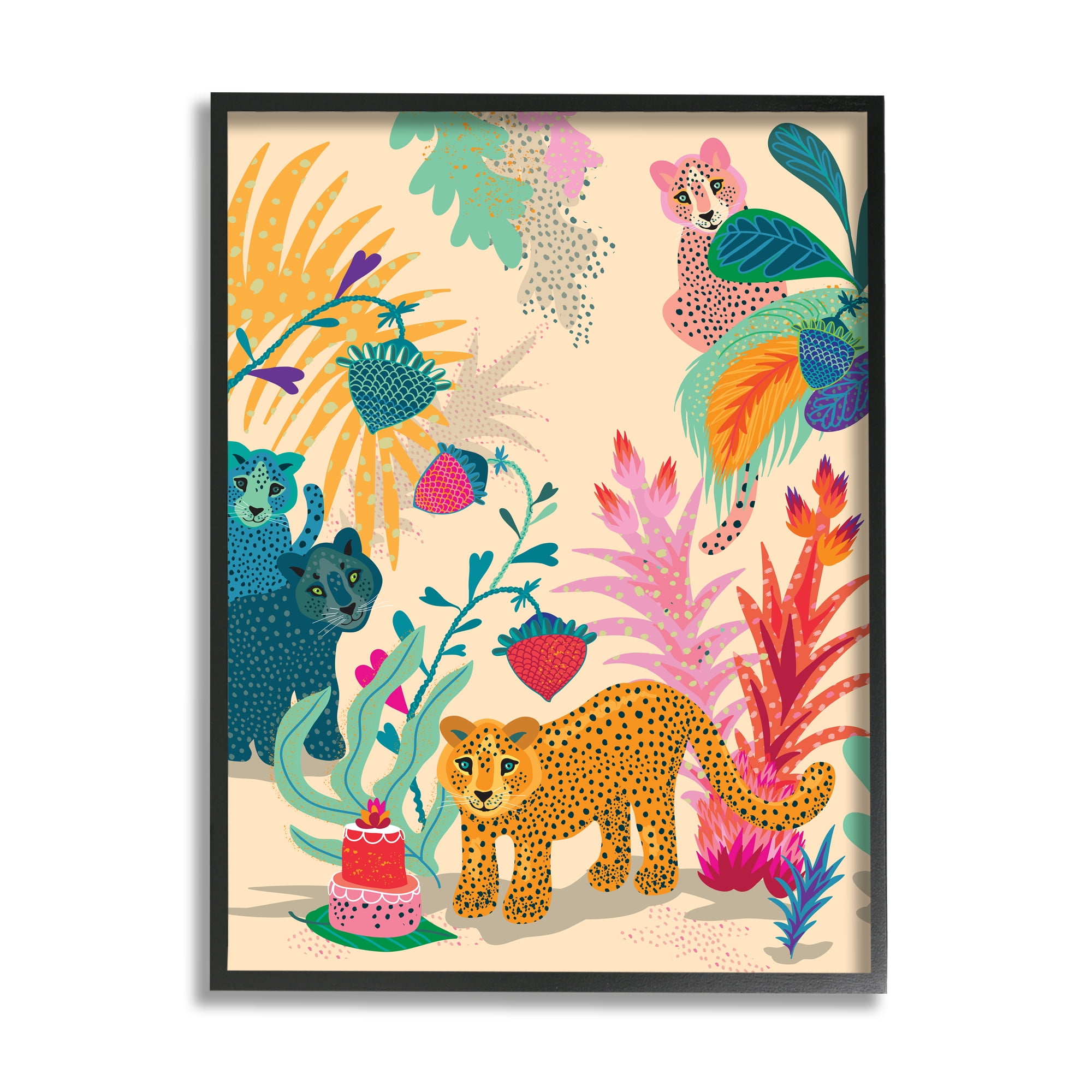 Stupell Industries Spotted Leopards with Cake Animals & Insects Painting Black Framed Art Print Wall Art, 24 x 30