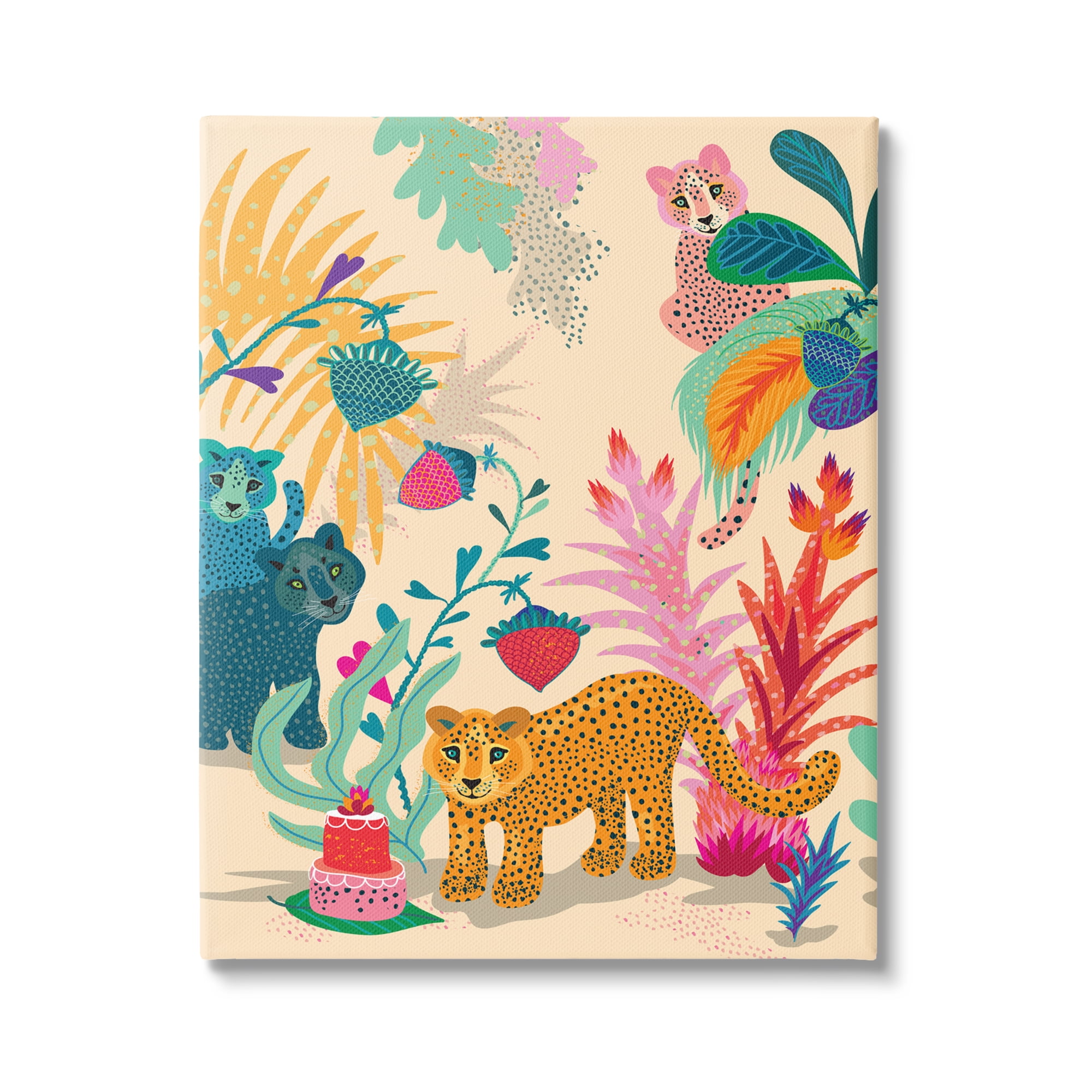 Stupell Industries Spotted Leopards with Cake Animals & Insects Painting Gallery Wrapped Art Print Wall Art, 36 x 48