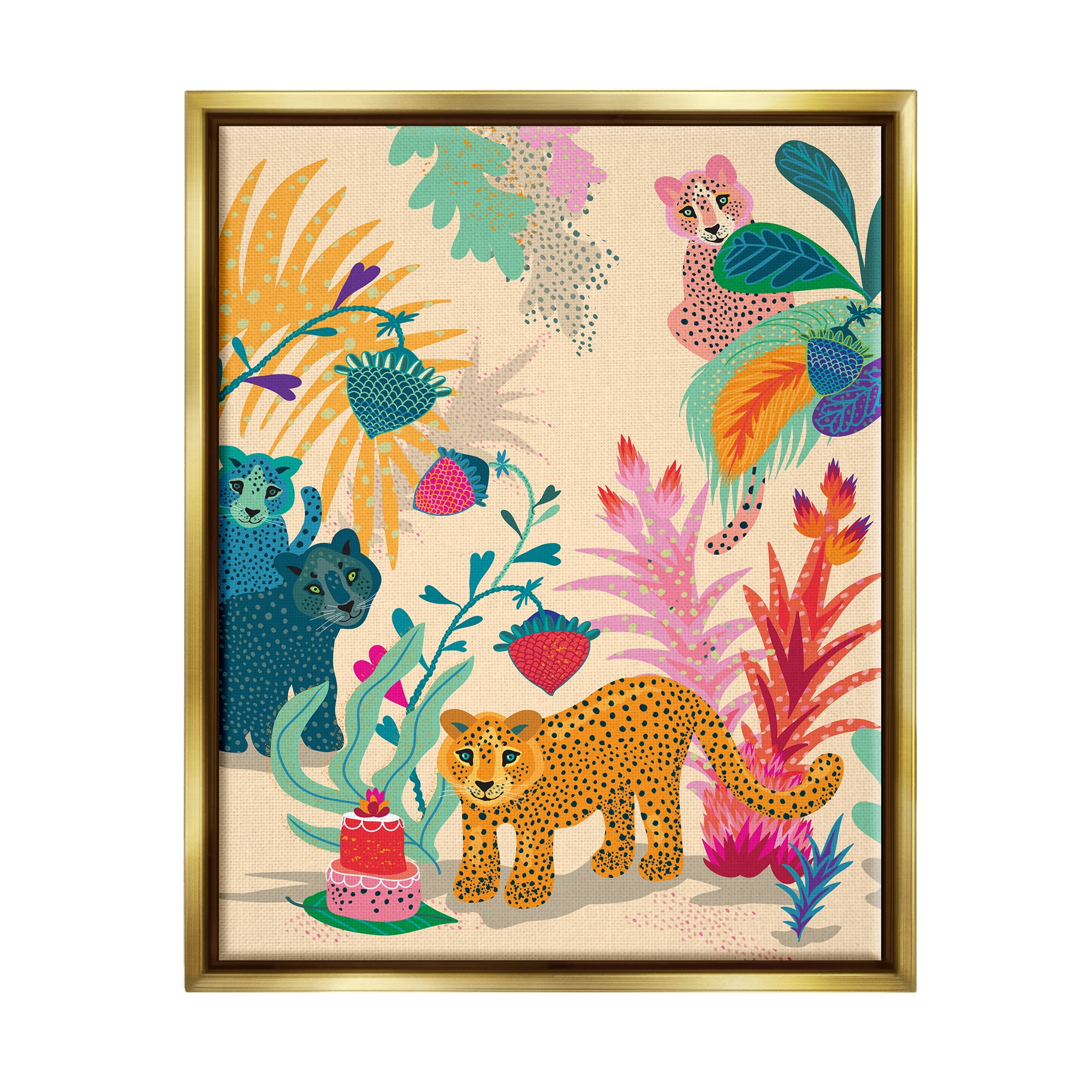 Stupell Industries Spotted Leopards with Cake Animals & Insects Painting Gold Floater Framed Canvas Art Print Wall Art, 25 x 31