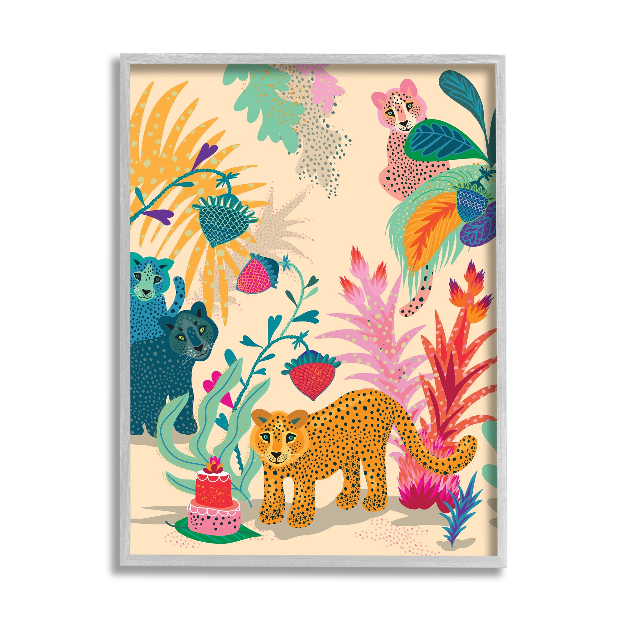 Stupell Industries Spotted Leopards with Cake Animals & Insects Painting Gray Framed Art Print Wall Art, 11 x 14