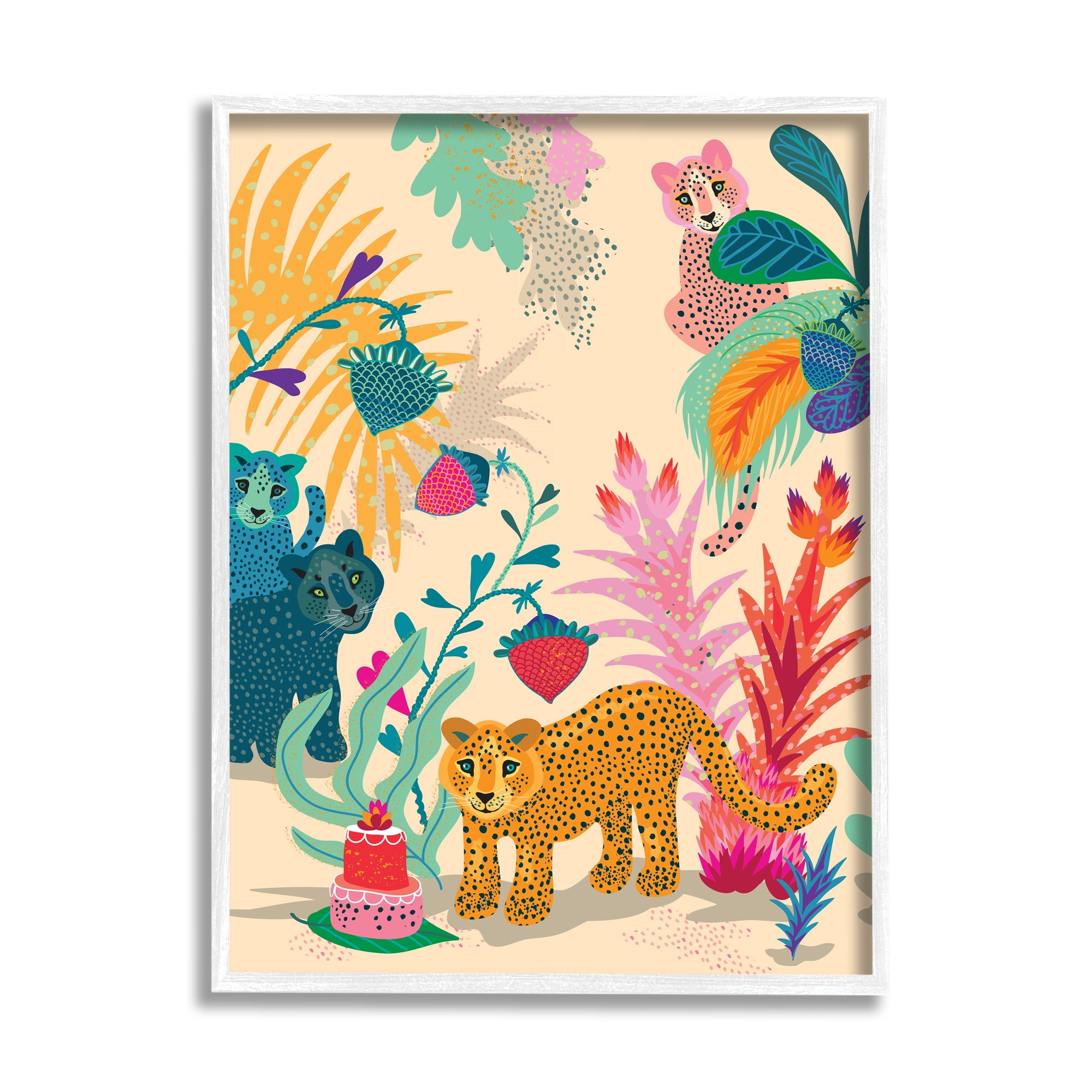 Stupell Industries Spotted Leopards with Cake Animals & Insects Painting White Framed Art Print Wall Art, 11 x 14
