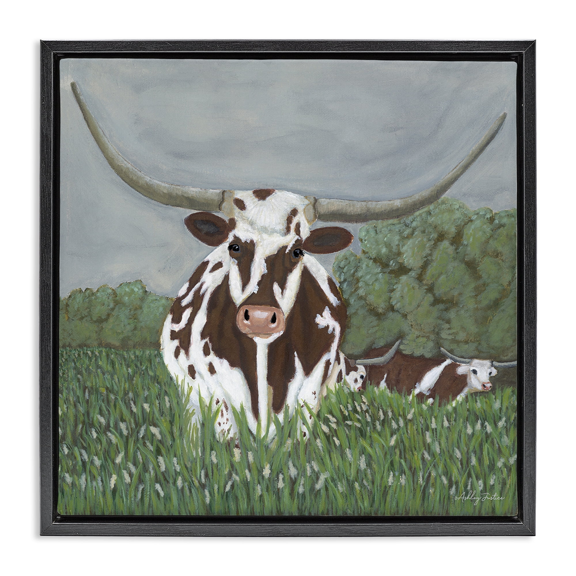 Stupell Industries Spotted Longhorn in Nature Animals Painting Black Floater Framed Canvas Art Print Wall Art, 18 x 18