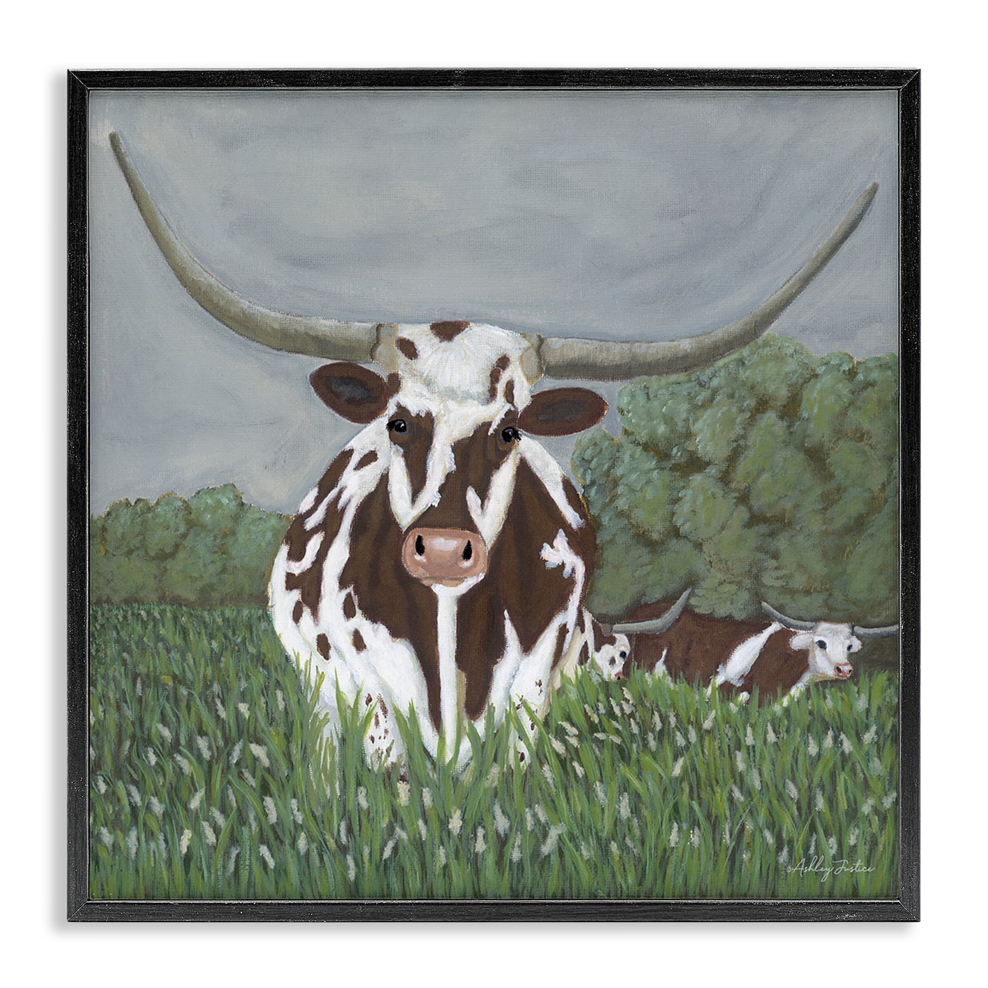Stupell Industries Spotted Longhorn in Nature Animals Painting Black Framed Art Print Wall Art, 17 x 17