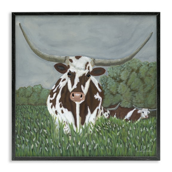 Stupell Industries Spotted Longhorn in Nature Animals Painting Black Framed Art Print Wall Art, 17 x 17