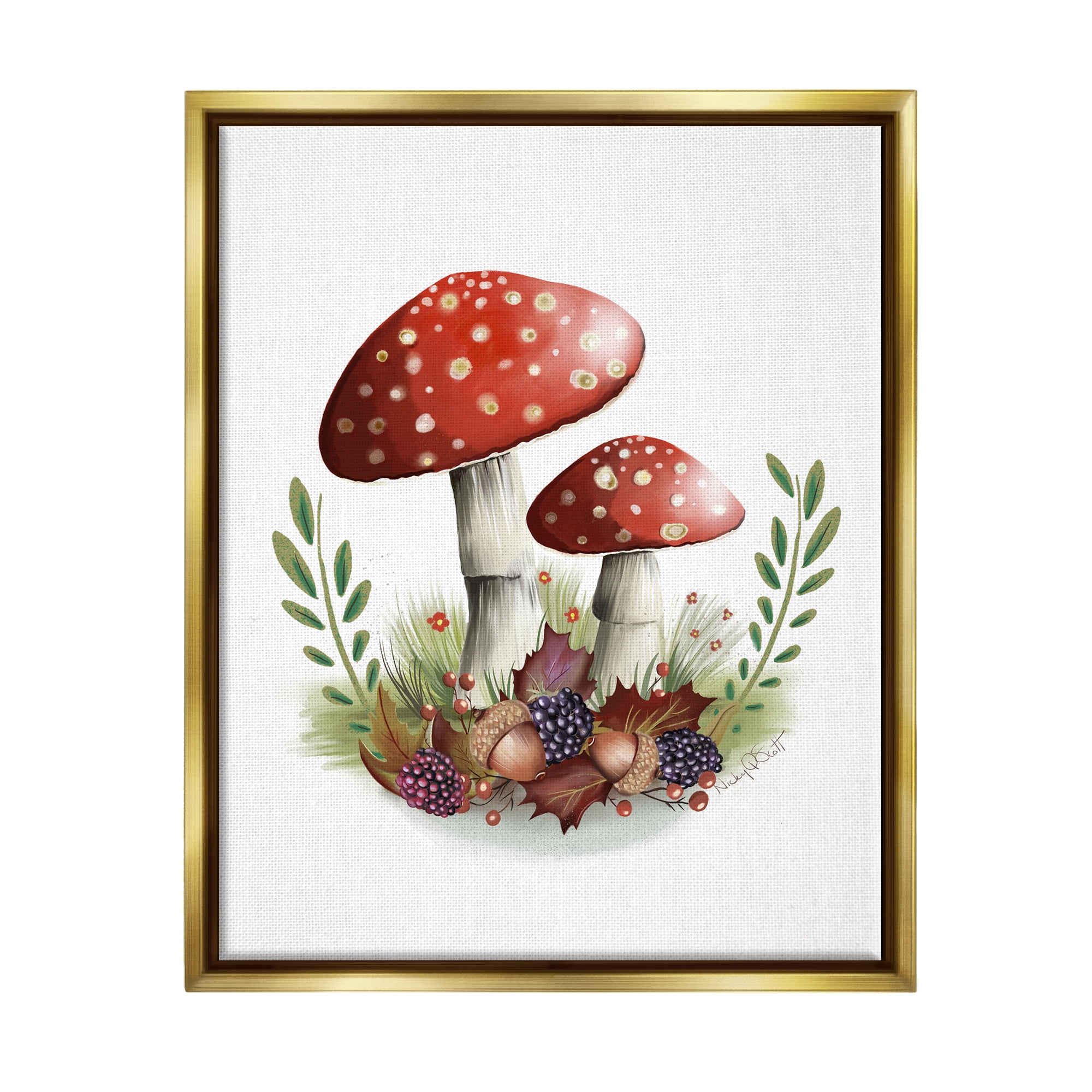 Stupell Industries Spotted Mushrooms Forest Floor Floral Botanicals Plants Graphic Art Metallic Gold Floating Framed Canvas Print Wall Art, Design by Studio Q