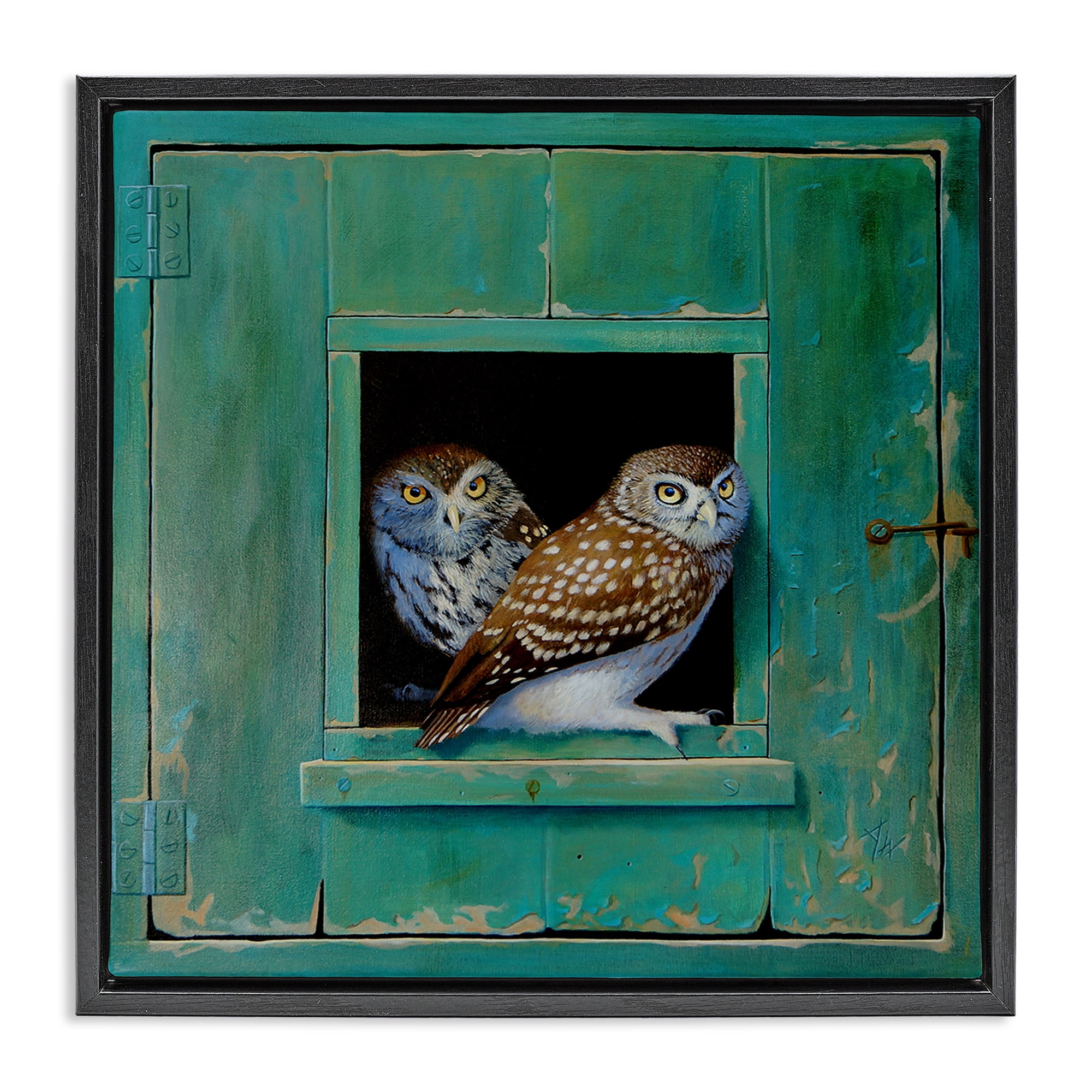 Stupell Industries Spotted Owls Perched Ledge Animals & Insects Painting Black Floater Framed Canvas Art Print Wall Art, 25 x 25