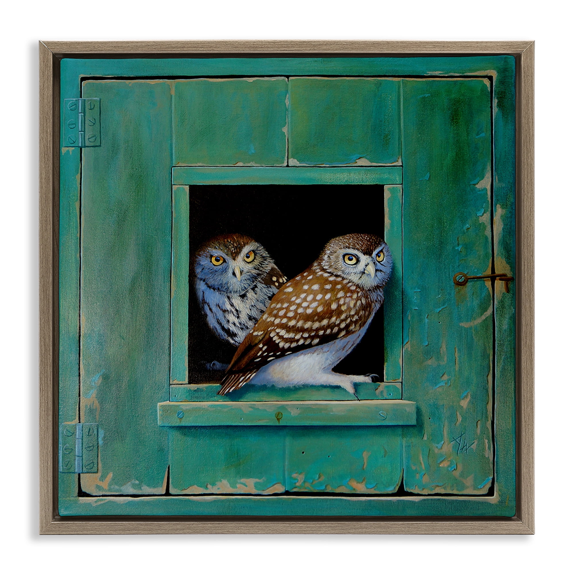 Stupell Industries Spotted Owls Perched Ledge Animals & Insects Painting Brown Floater Framed Canvas Art Print Wall Art, 18 x 18