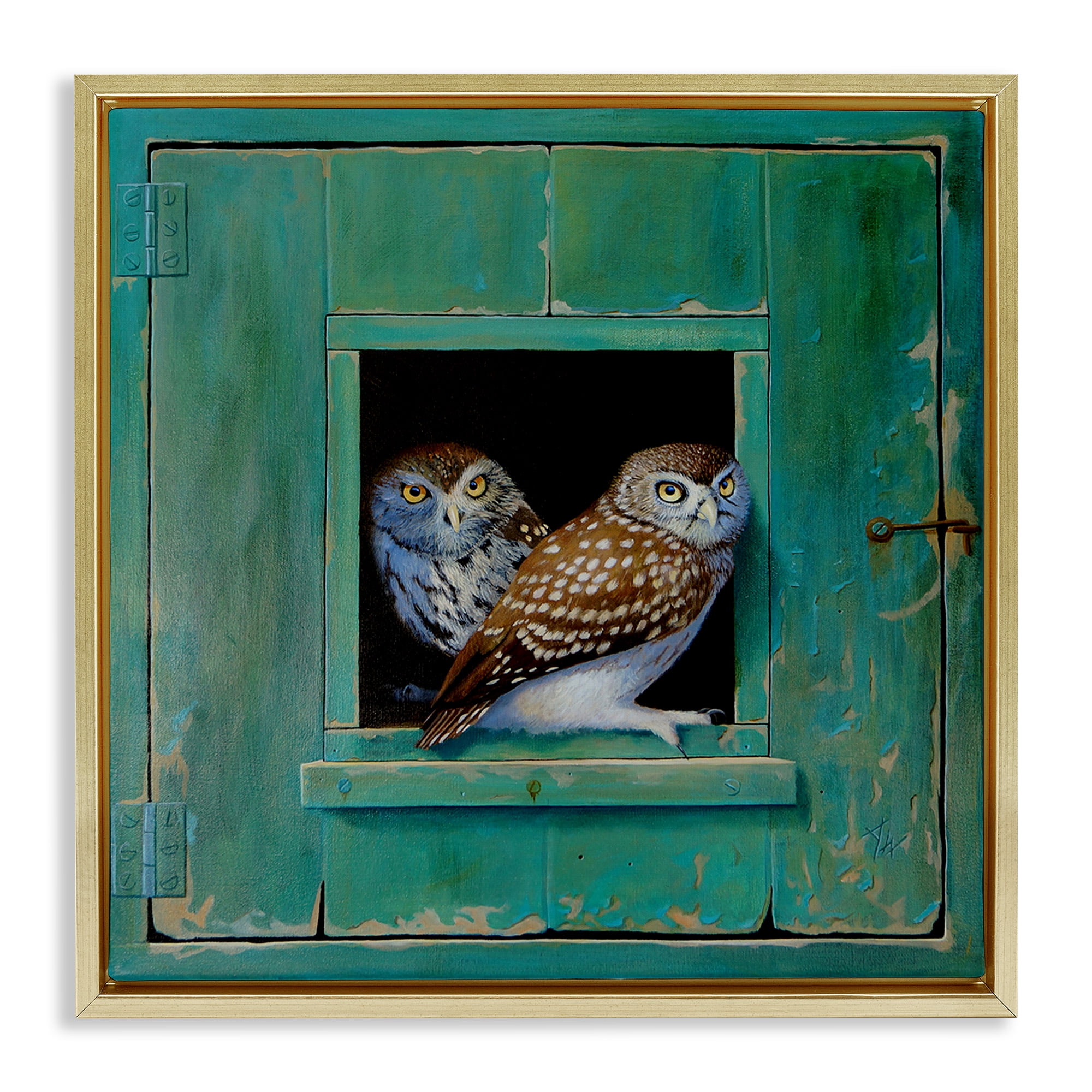 Stupell Industries Spotted Owls Perched Ledge Animals & Insects Painting Gold Floater Framed Canvas Art Print Wall Art, 18 x 18