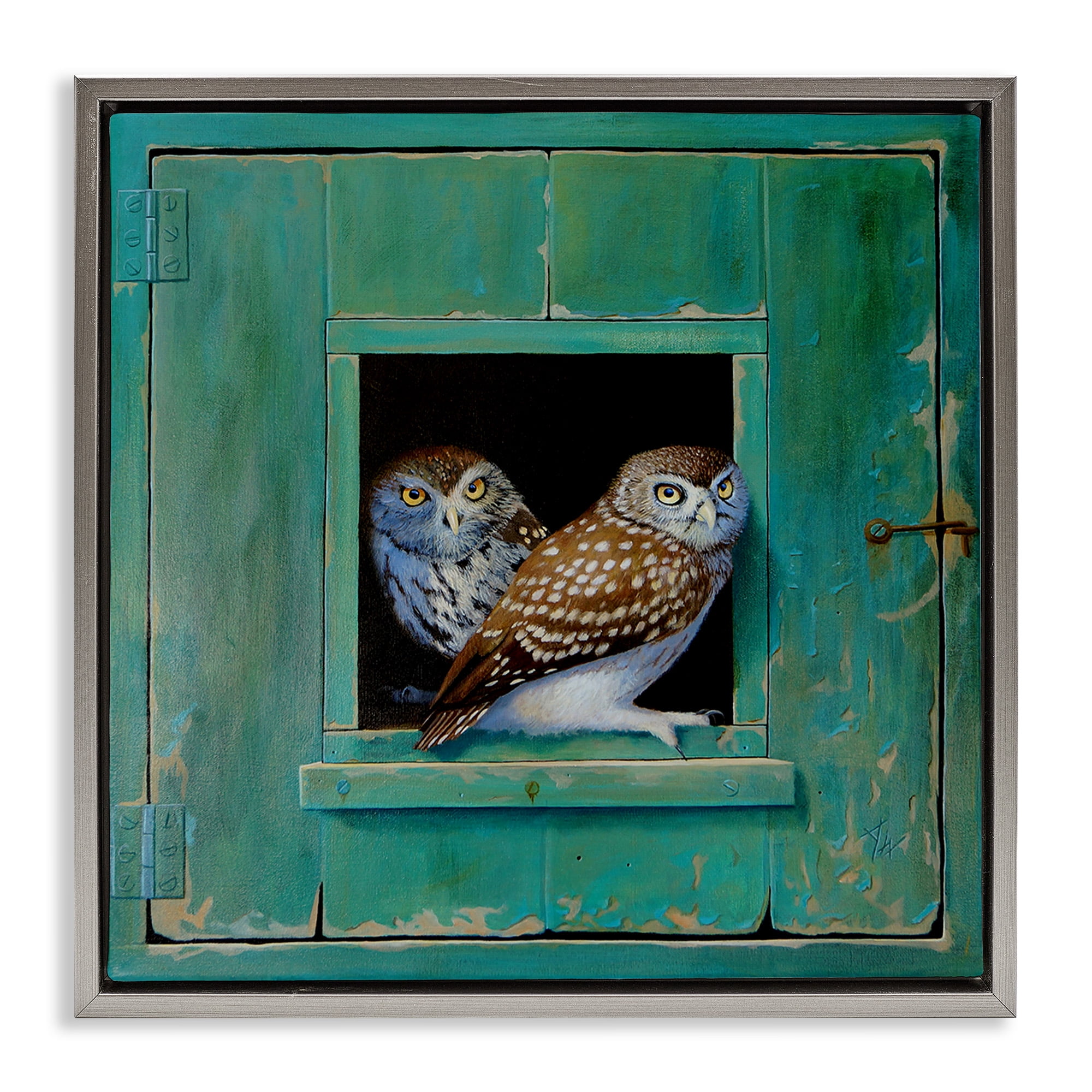 Stupell Industries Spotted Owls Perched Ledge Animals & Insects Painting Gray Floater Framed Canvas Art Print Wall Art, 25 x 25