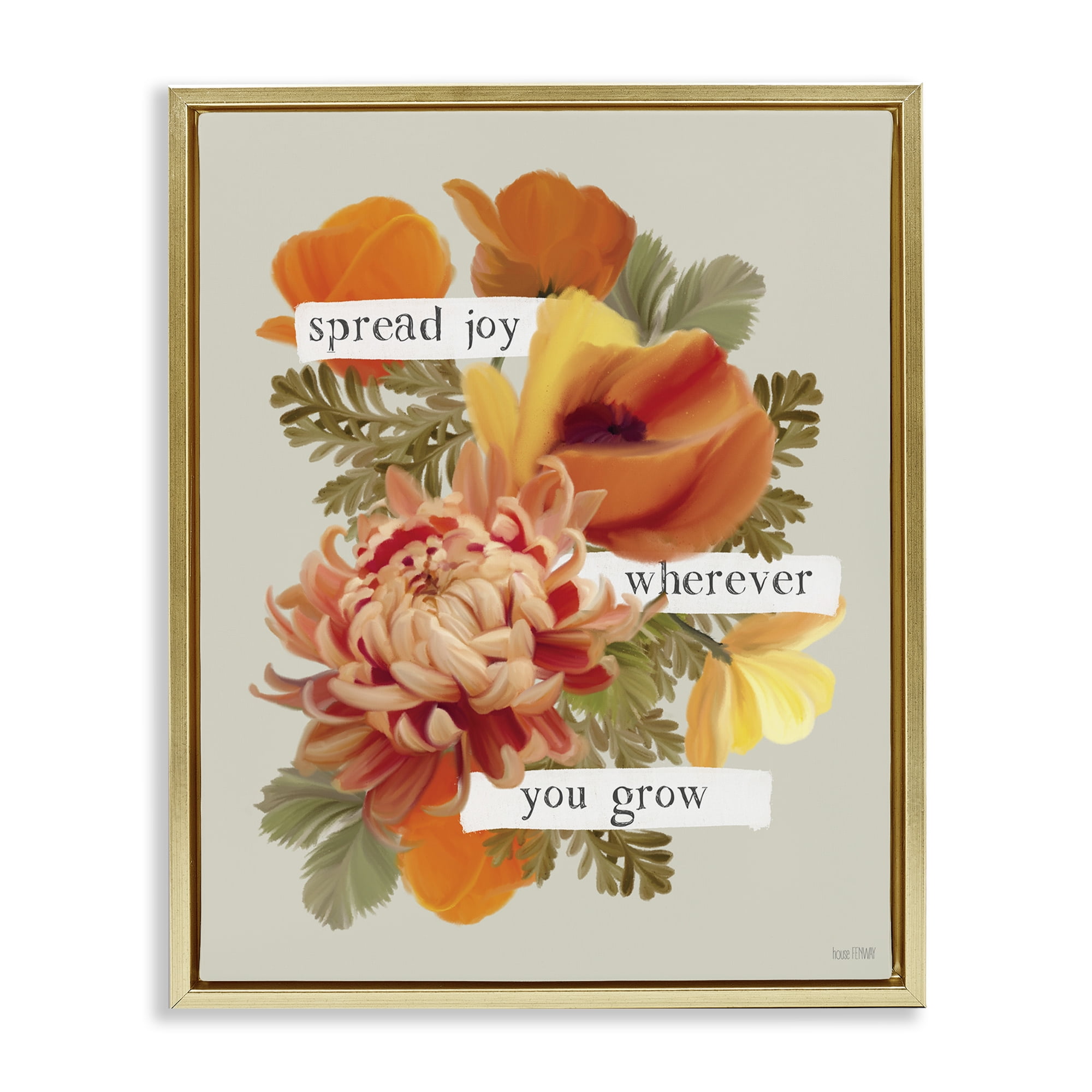 Stupell Industries Spread Joy Flowers Botanical & Floral Painting Gold Floater Framed Art Print Wall Art, 17 x 21
