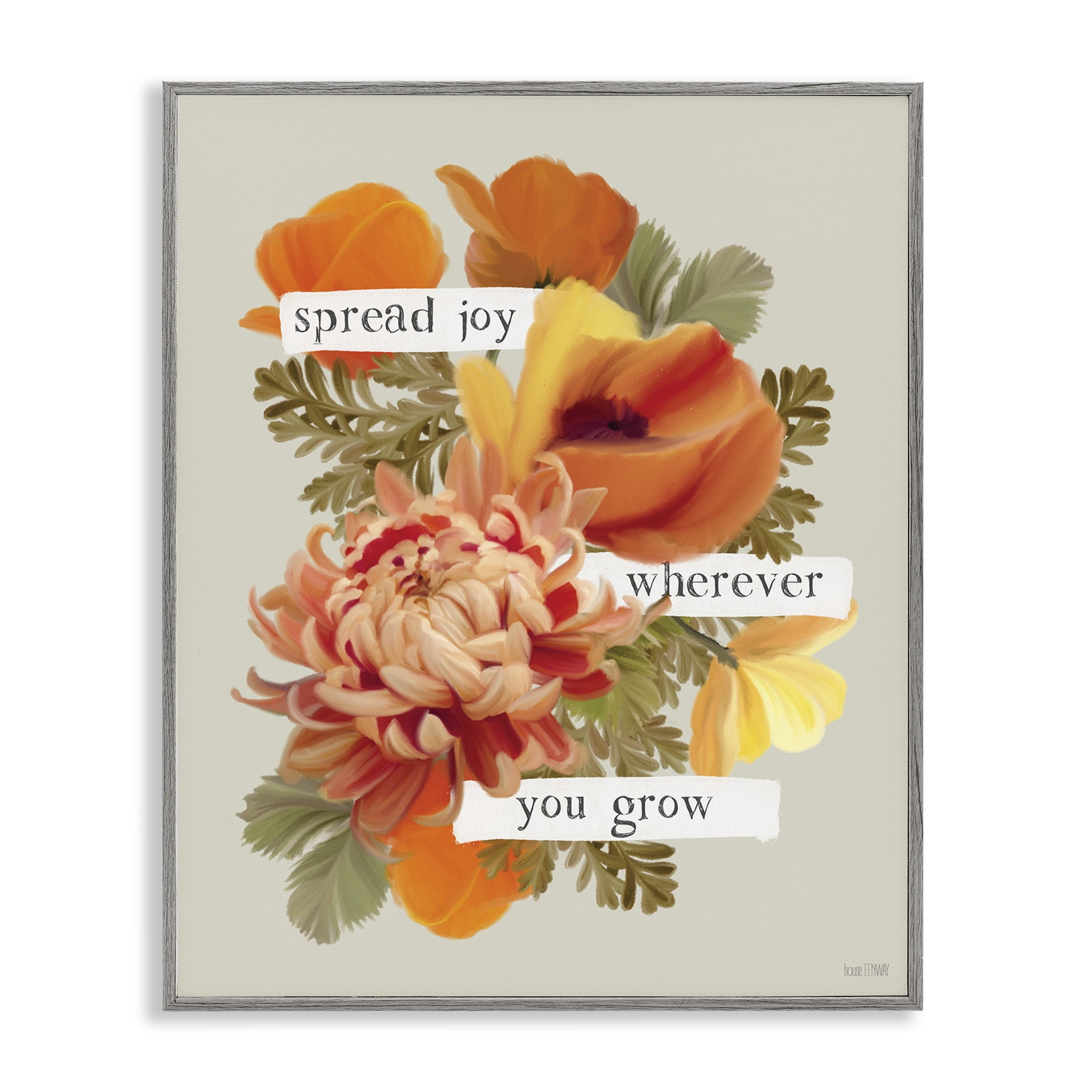 Stupell Industries Spread Joy Flowers Botanical & Floral Painting Gray Framed Art Print Wall Art, 16 x 20